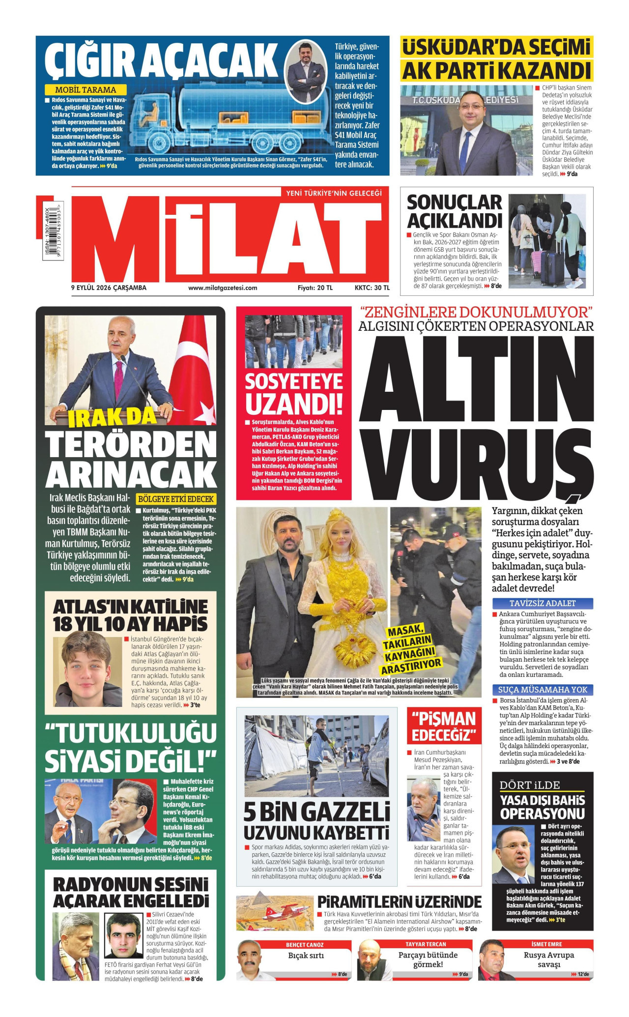 MİLAT gazetesinin 9 Eylül 2026 tarihli birinci sayfası