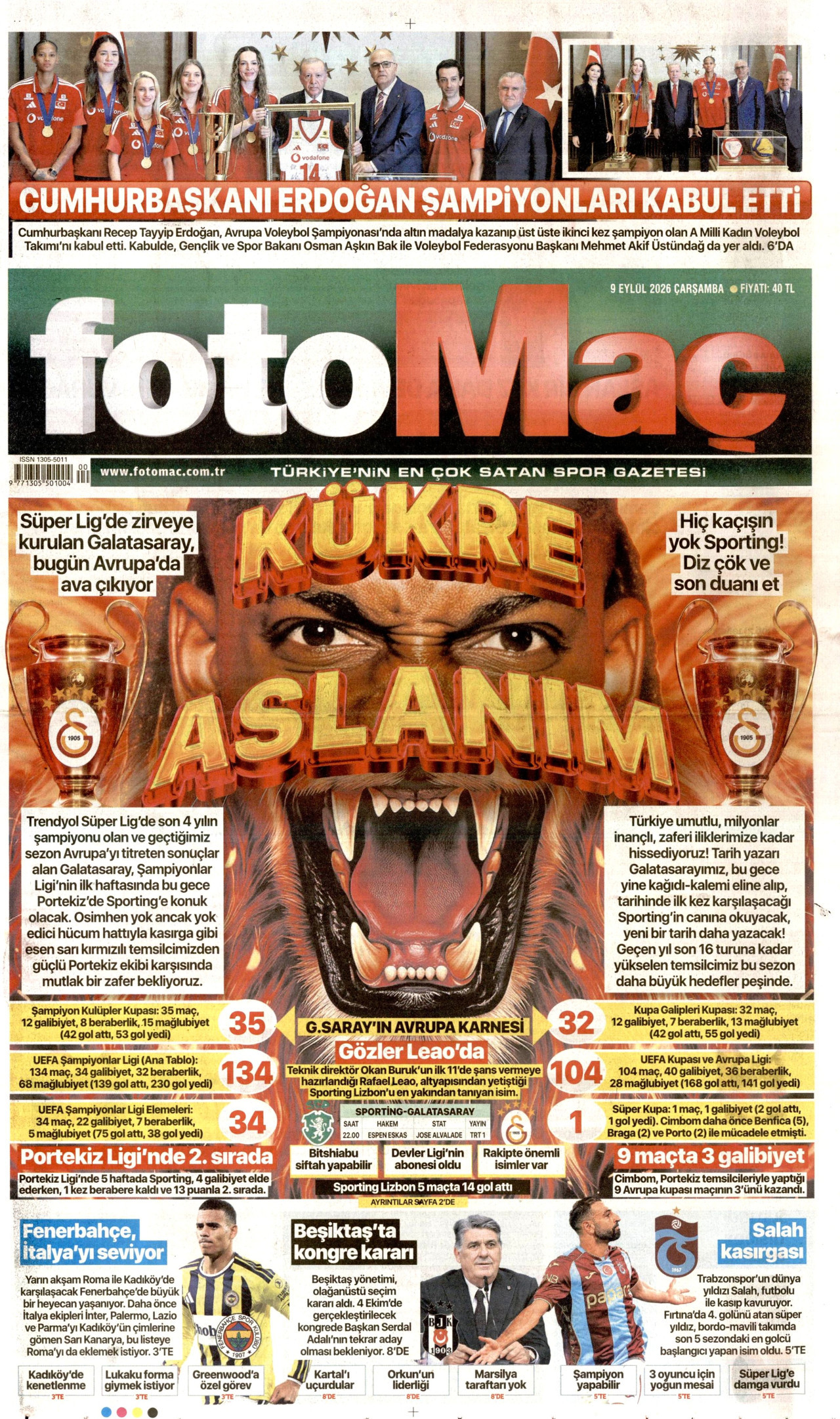FOTOMAÇ gazetesinin 9 Eylül 2026 tarihli birinci sayfası