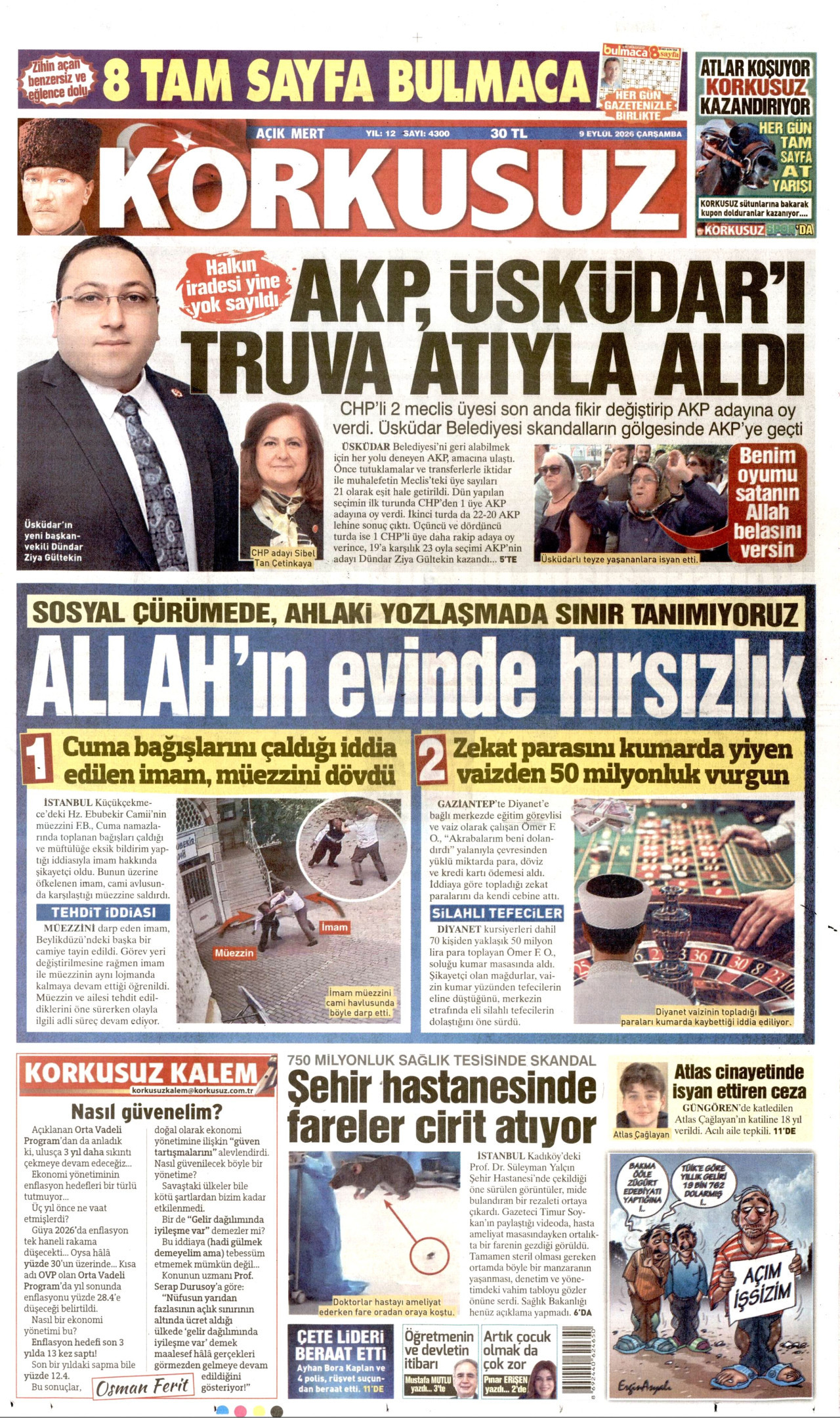 KORKUSUZ gazetesinin 9 Eylül 2026 tarihli birinci sayfası