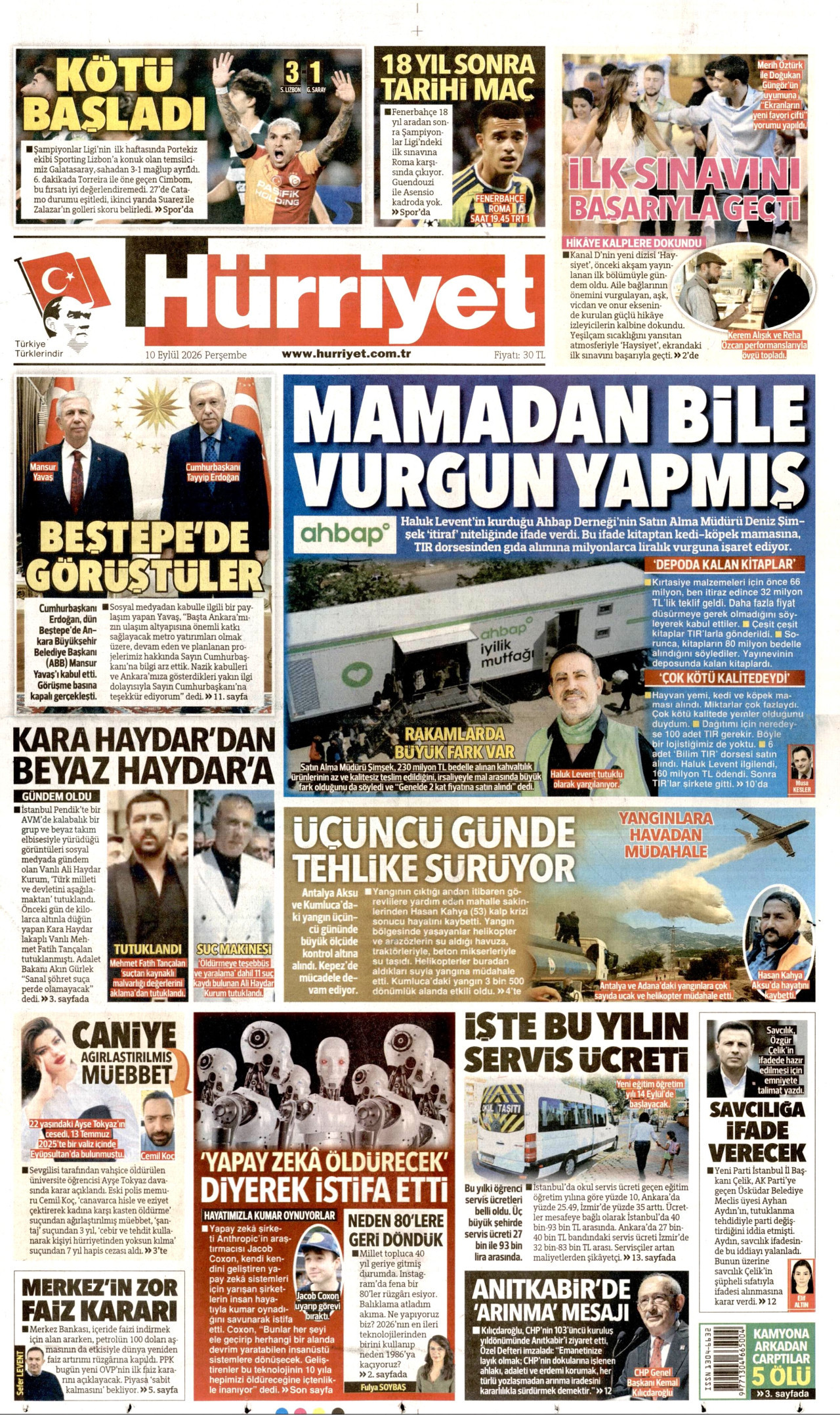 HÜRRİYET gazetesinin 10 Eylül 2026 tarihli birinci sayfası