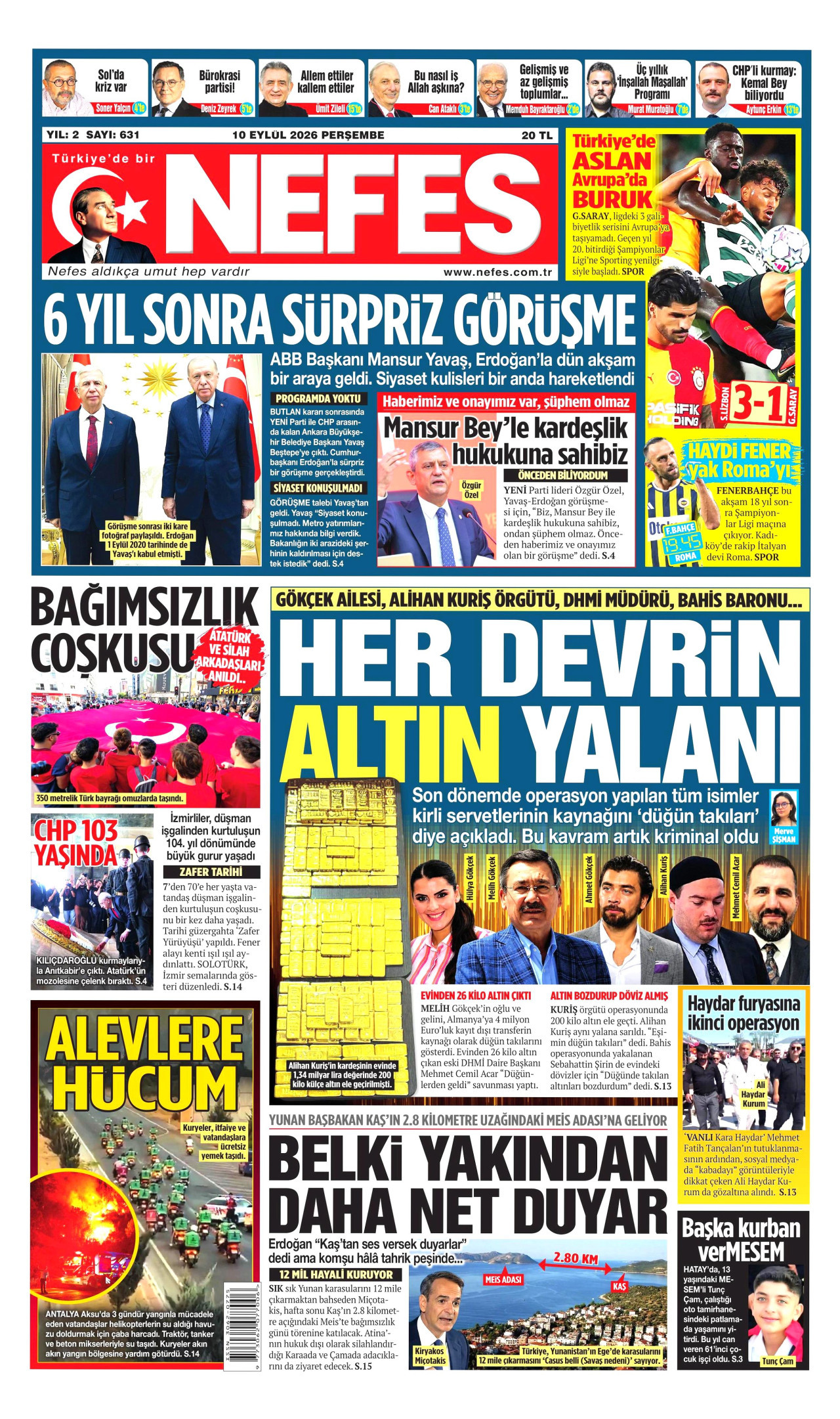 NEFES gazetesinin 10 Eylül 2026 tarihli birinci sayfası