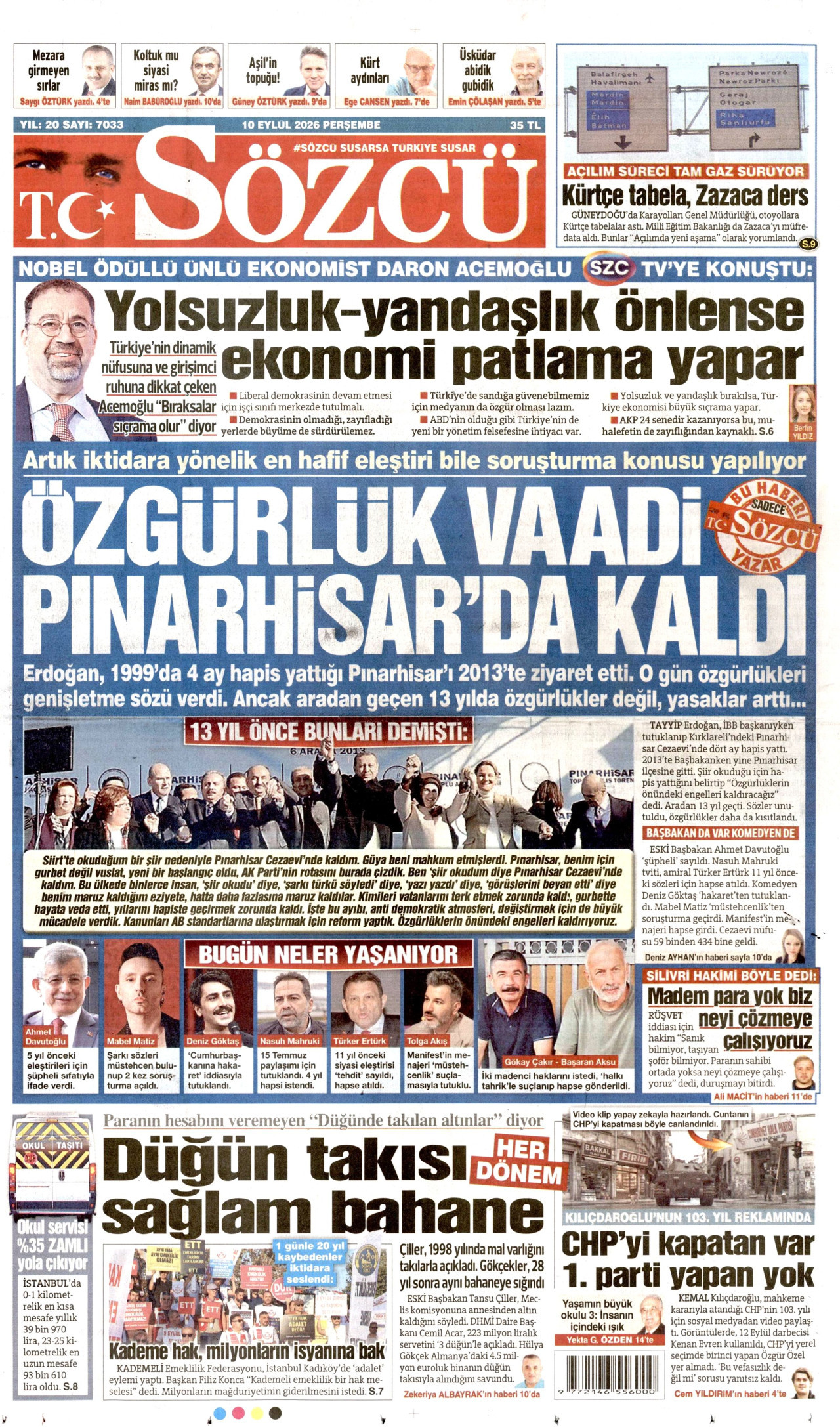 SÖZCÜ gazetesinin 10 Eylül 2026 tarihli birinci sayfası