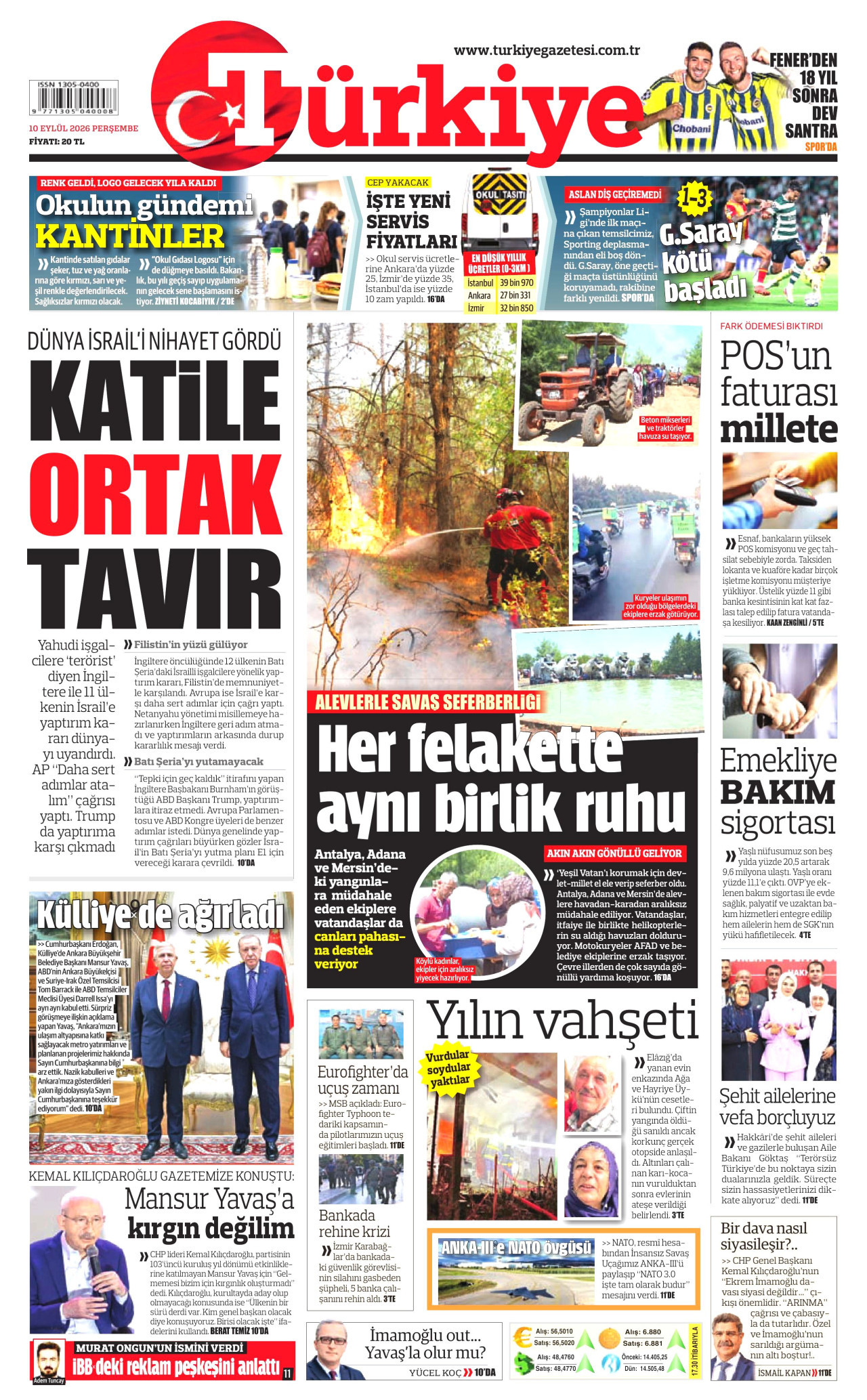 TÜRKİYE GAZETESİ gazetesinin 10 Eylül 2026 tarihli birinci sayfası