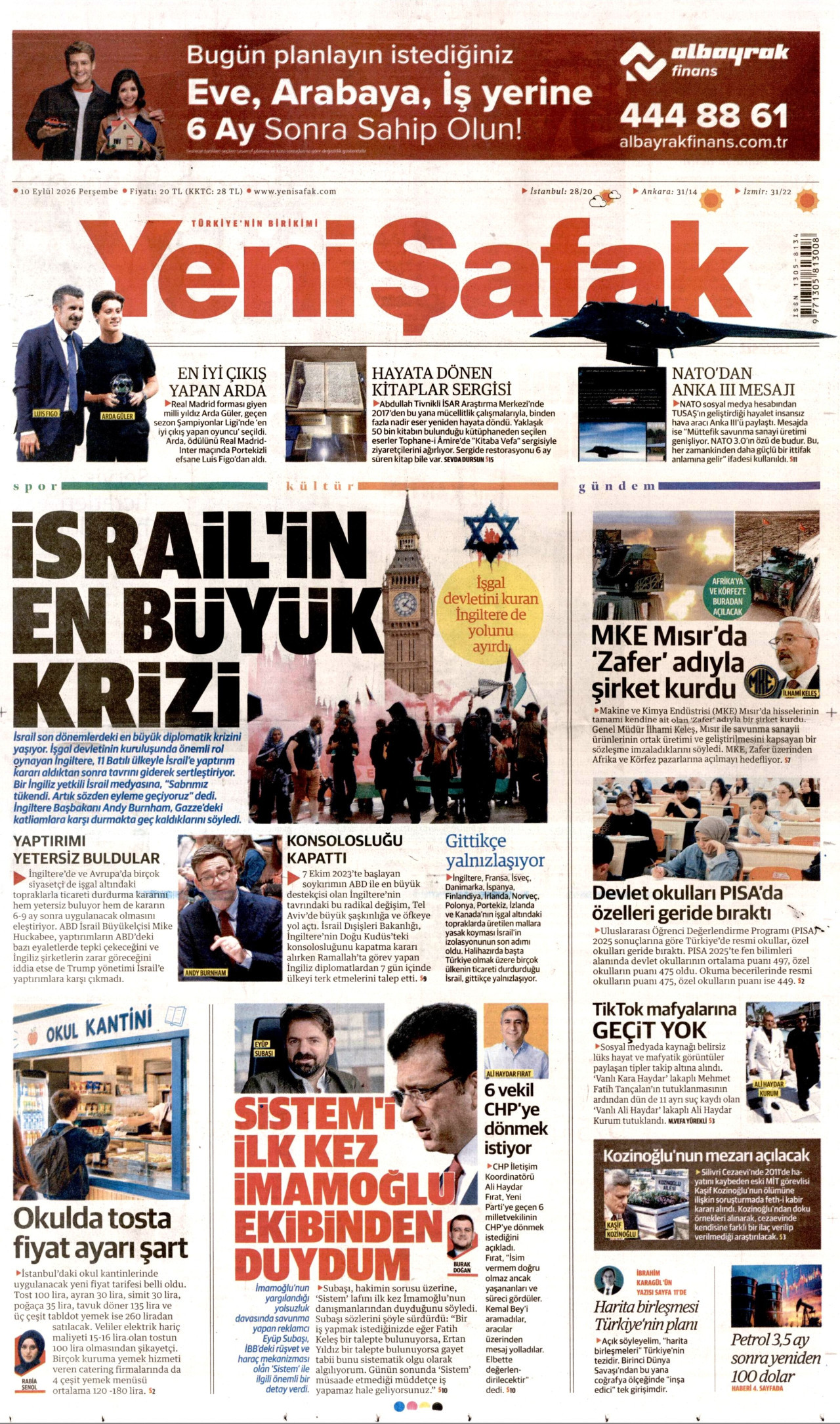 YENİ ŞAFAK gazetesinin 10 Eylül 2026 tarihli birinci sayfası