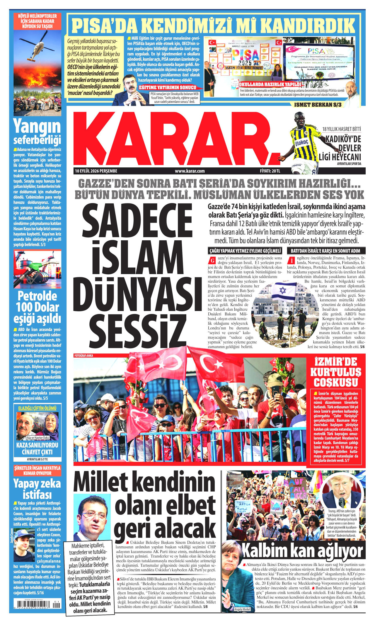 KARAR gazetesinin 10 Eylül 2026 tarihli birinci sayfası