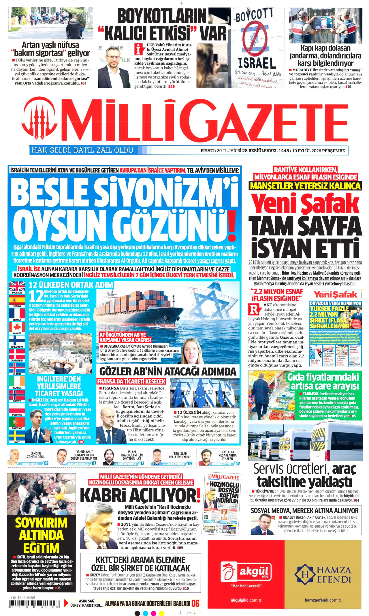 MİLLİ GAZETE gazetesinin 10 Eylül 2026 tarihli birinci sayfası