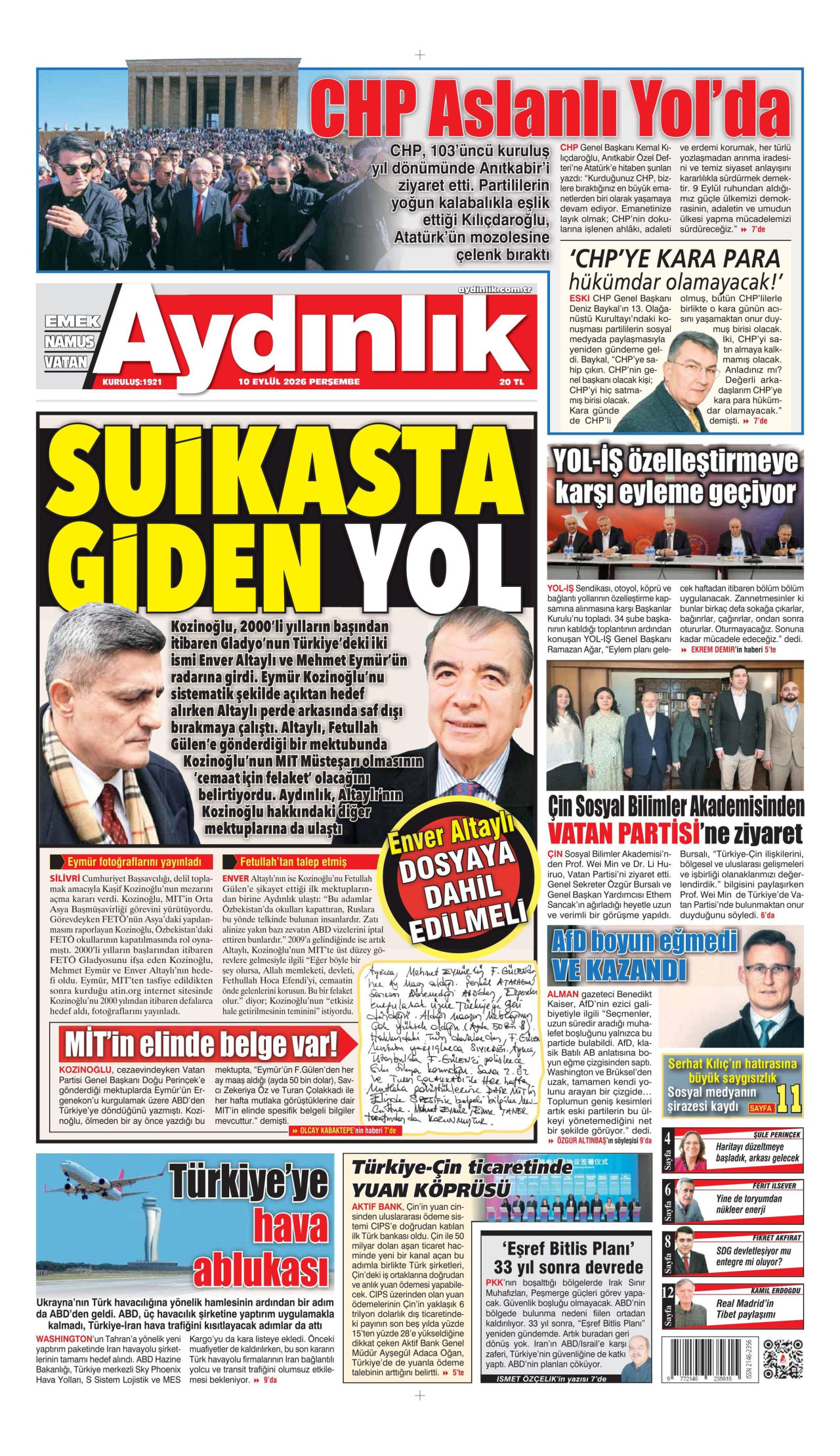 AYDINLIK GAZETESİ gazetesinin 10 Eylül 2026 tarihli birinci sayfası