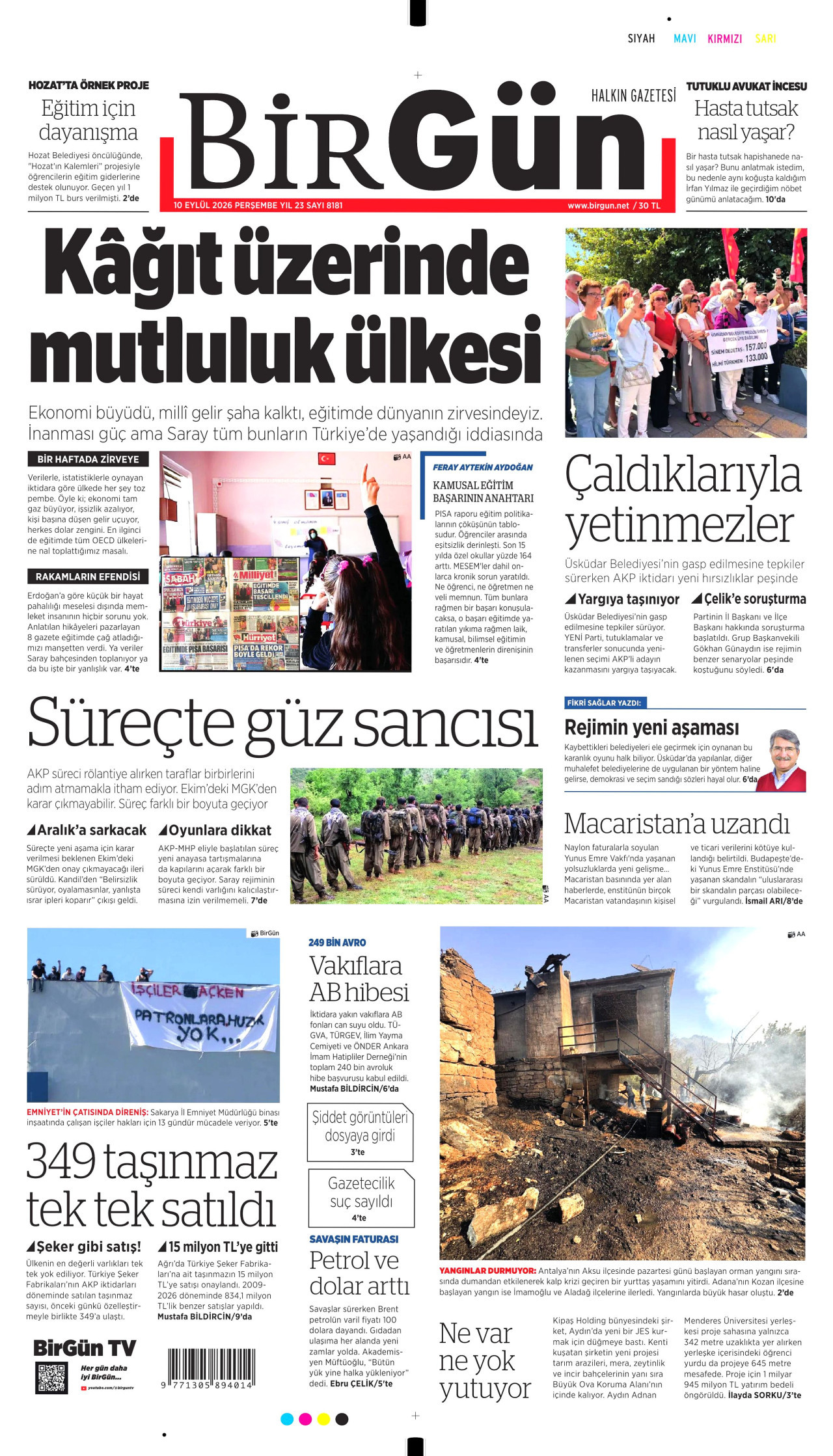 BİRGÜN gazetesinin 10 Eylül 2026 tarihli birinci sayfası