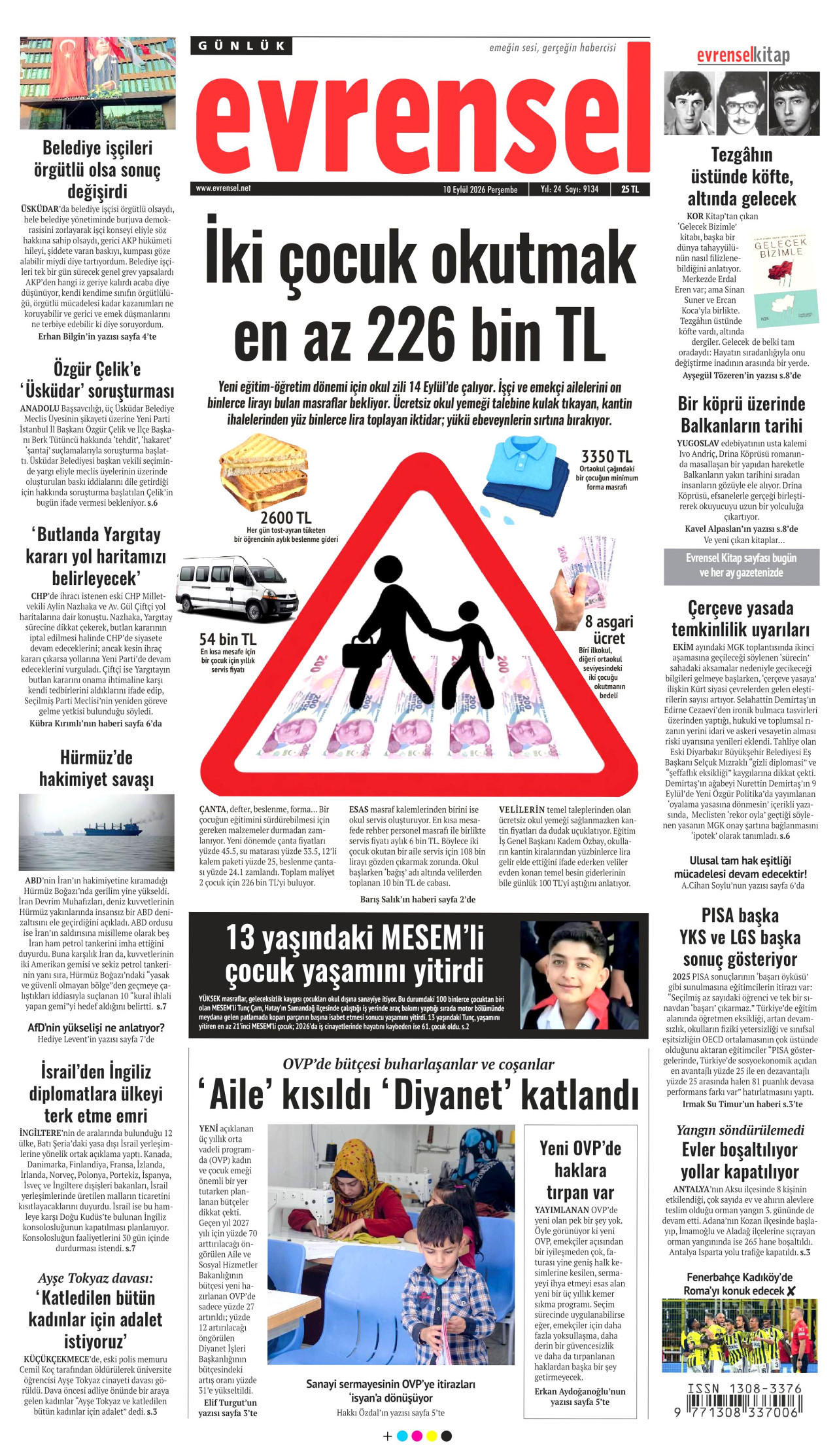 EVRENSEL gazetesinin 10 Eylül 2026 tarihli birinci sayfası