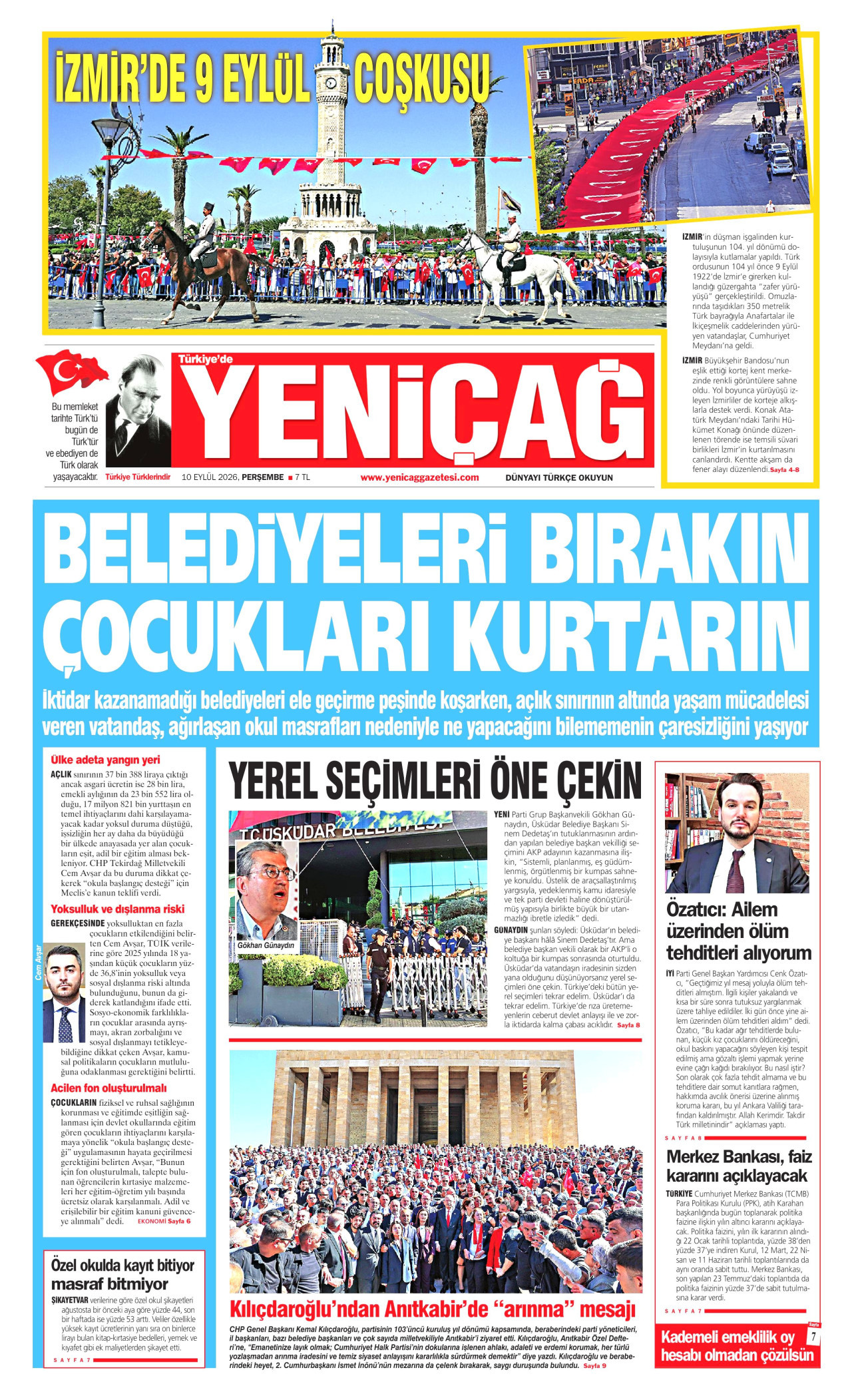 YENİÇAĞ gazetesinin 10 Eylül 2026 tarihli birinci sayfası