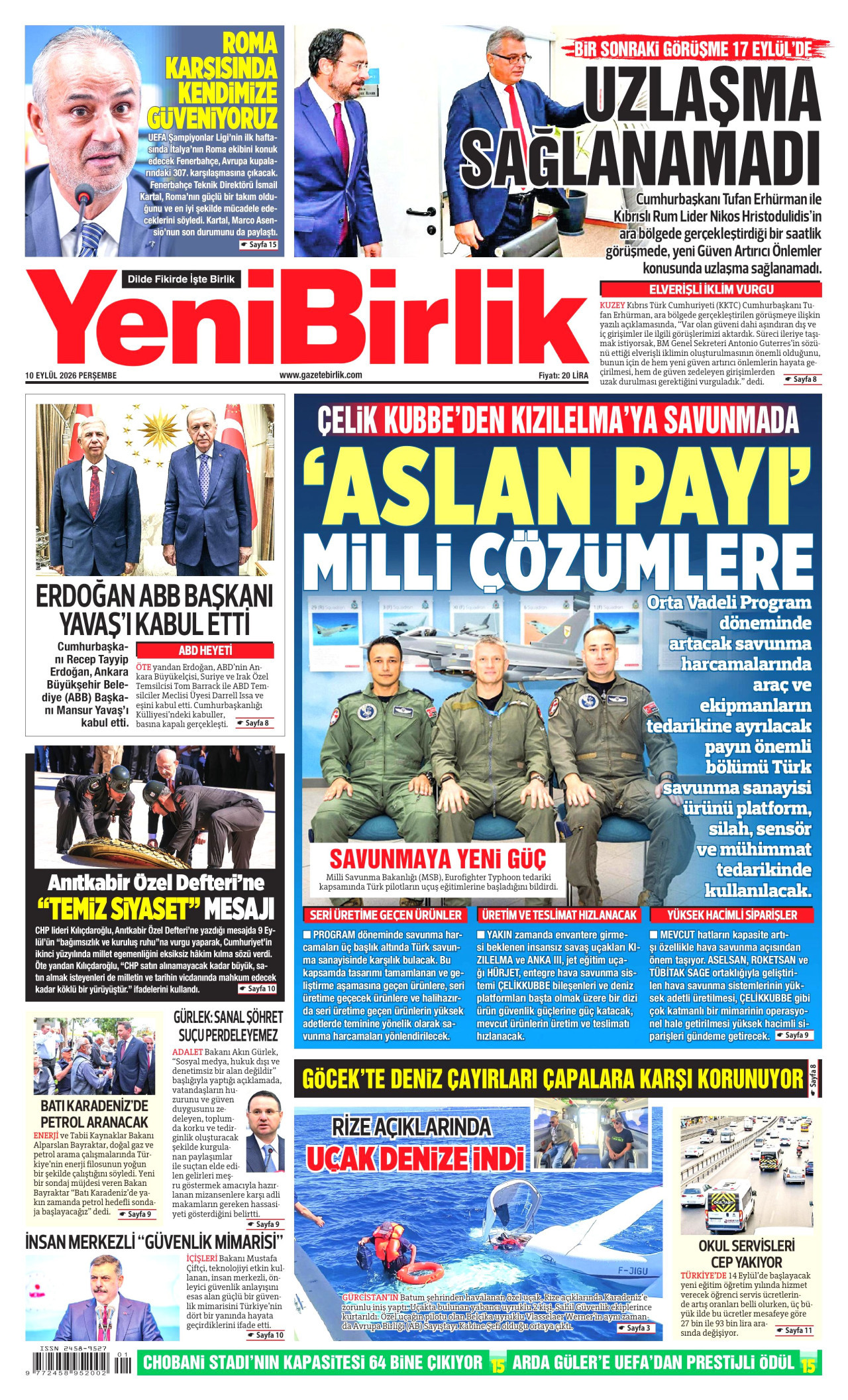 YENİBİRLİK gazetesinin 10 Eylül 2026 tarihli birinci sayfası