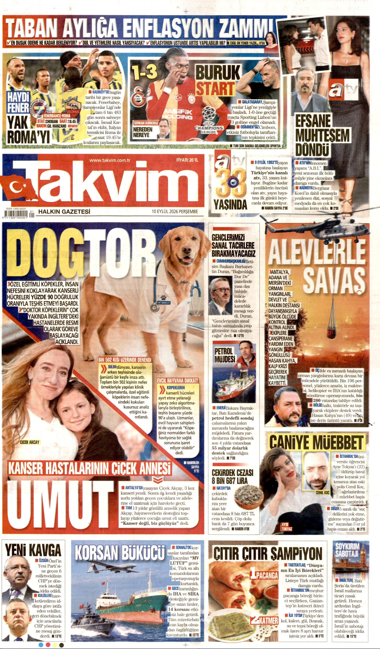 TAKVİM gazetesinin 10 Eylül 2026 tarihli birinci sayfası