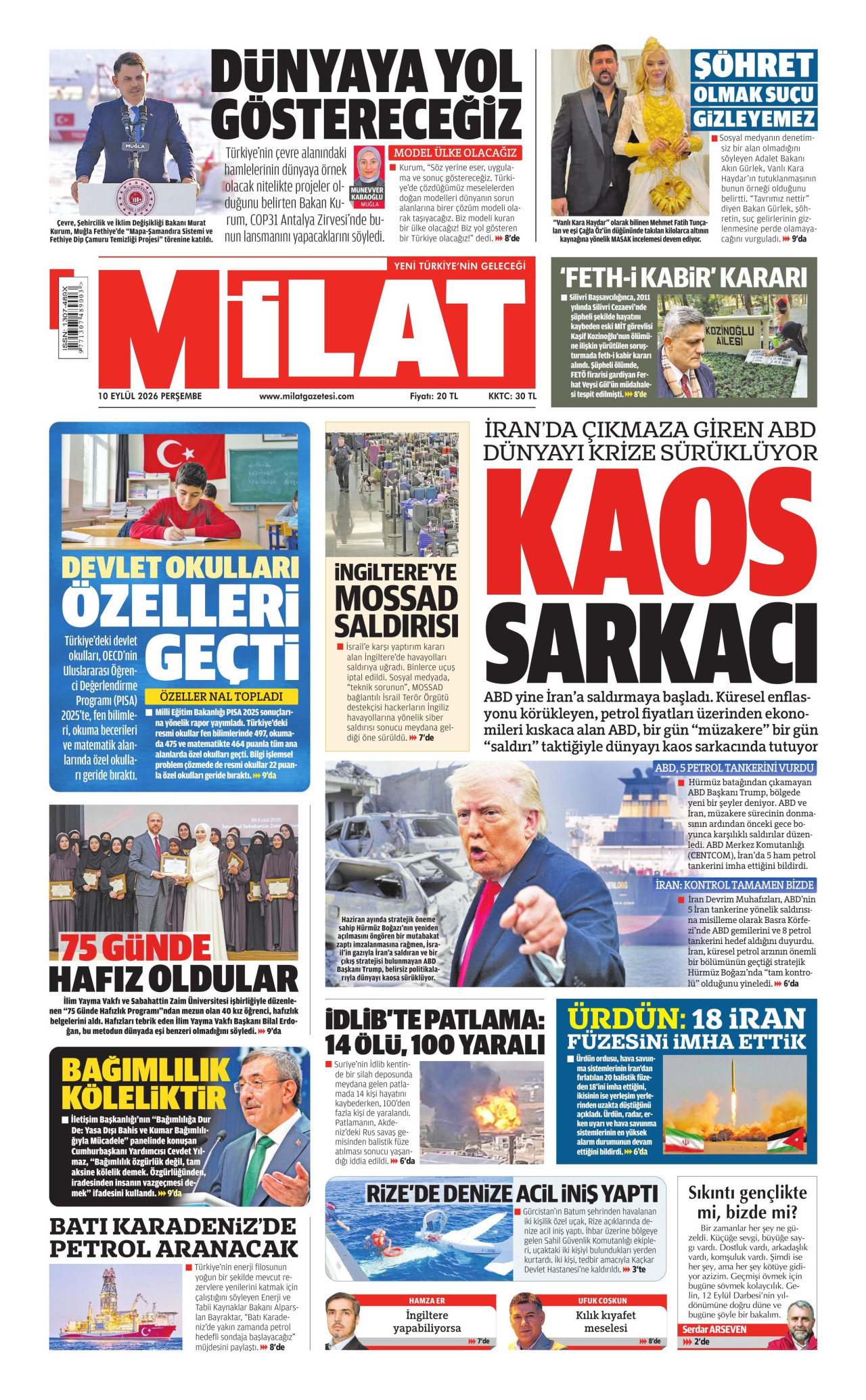 MİLAT gazetesinin 10 Eylül 2026 tarihli birinci sayfası