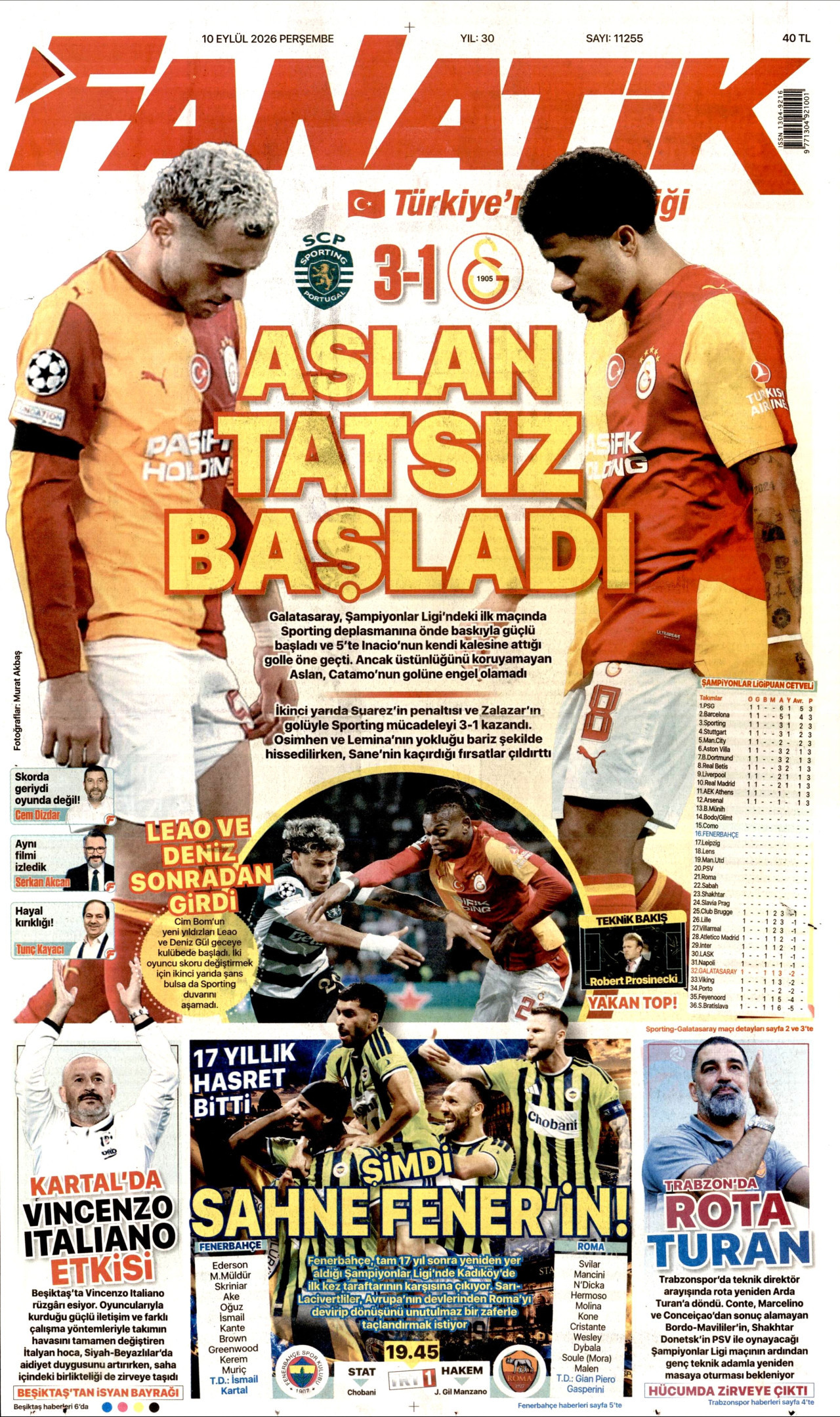 FANATİK gazetesinin 10 Eylül 2026 tarihli birinci sayfası