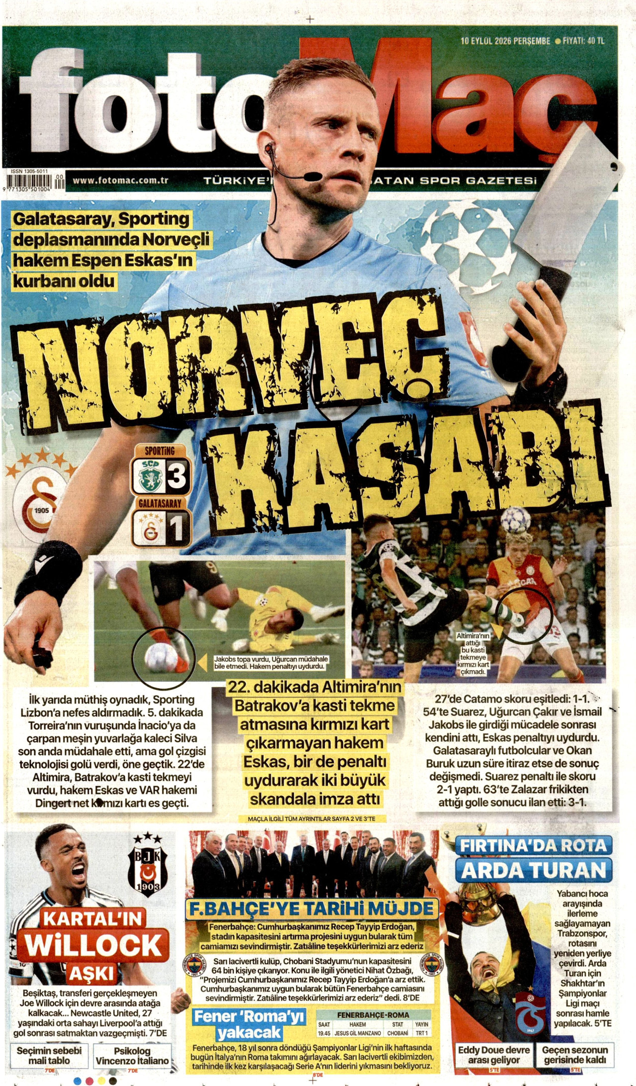 FOTOMAÇ gazetesinin 10 Eylül 2026 tarihli birinci sayfası