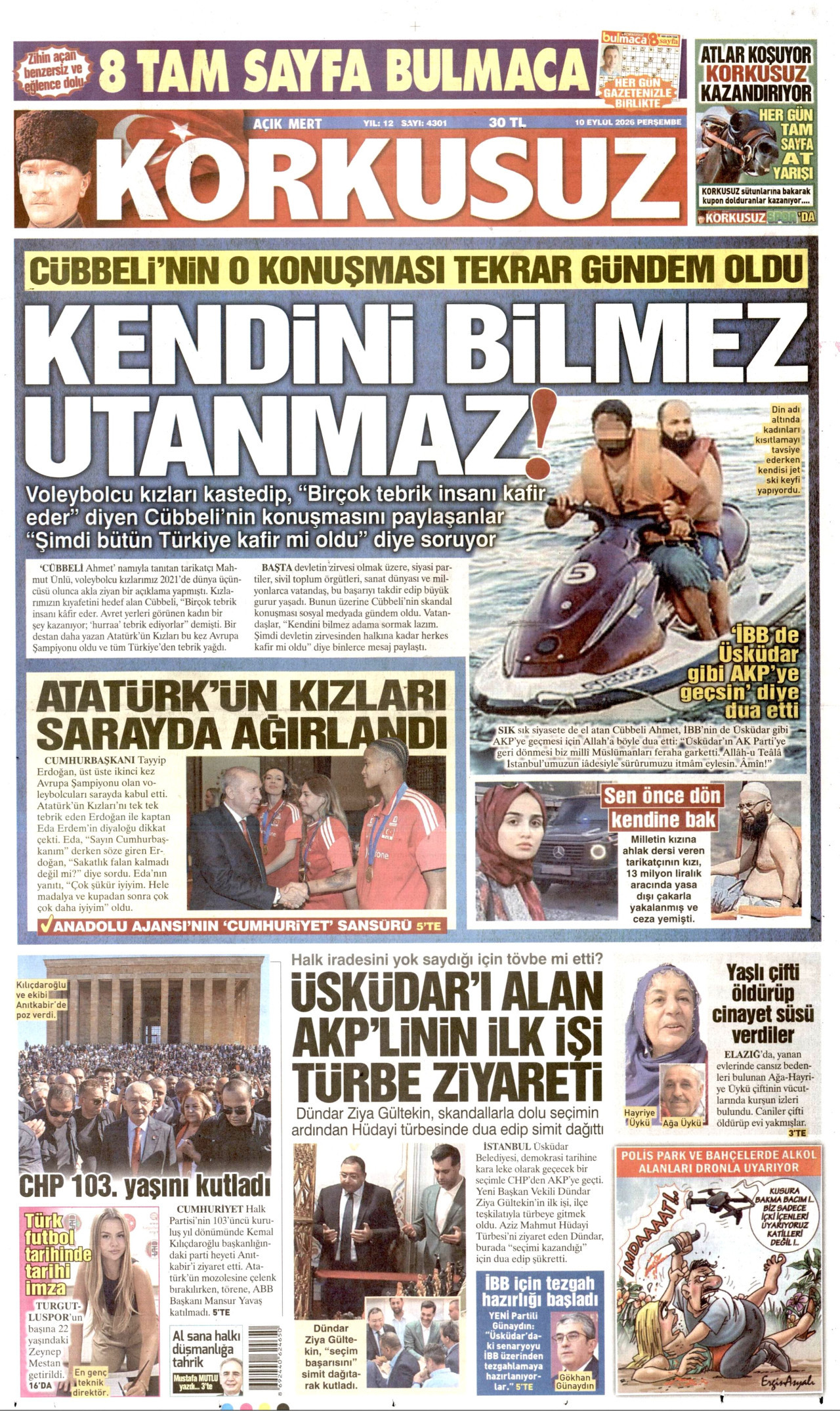 KORKUSUZ gazetesinin 10 Eylül 2026 tarihli birinci sayfası