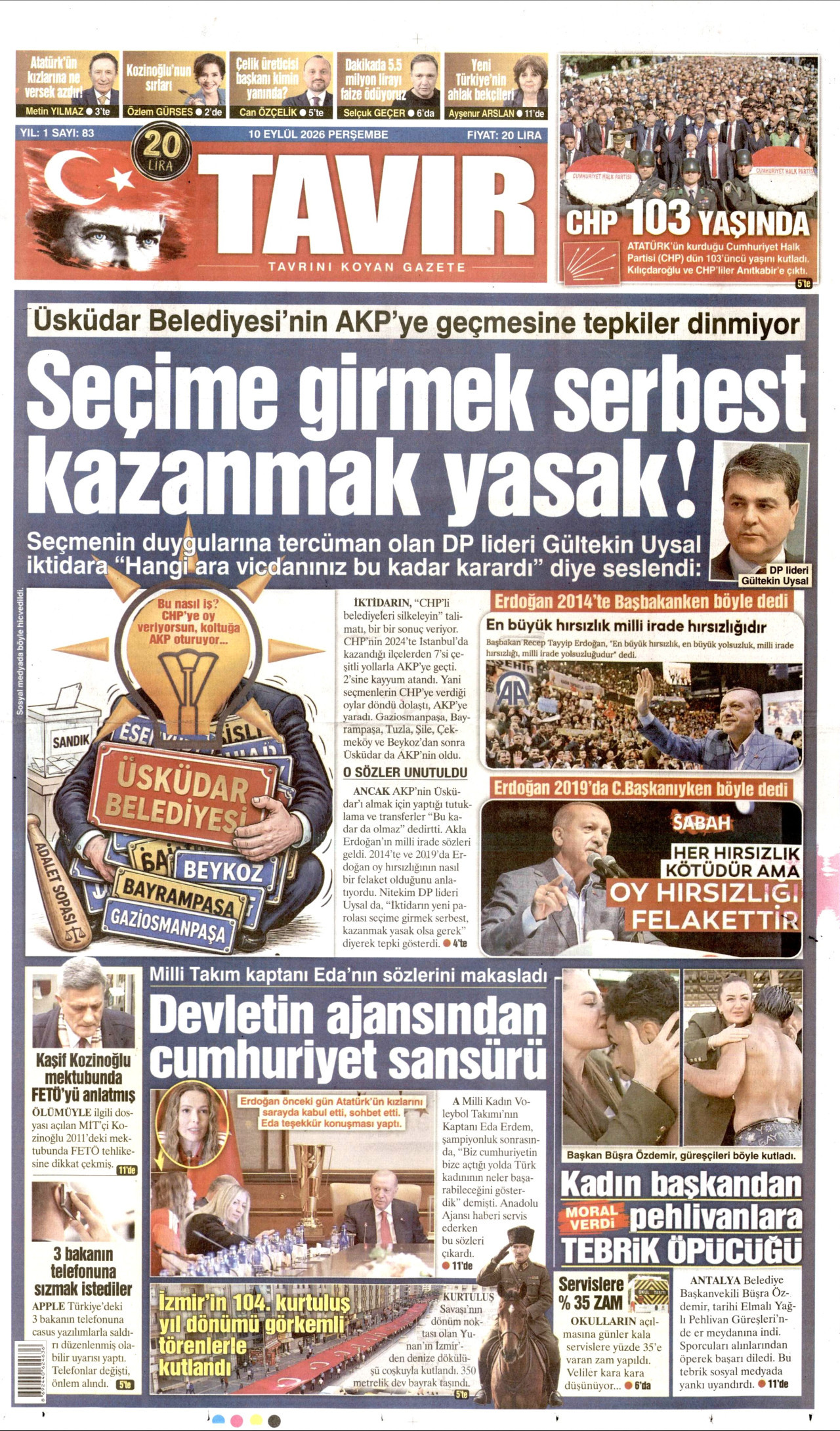 TAVIR GAZETESİ gazetesinin 10 Eylül 2026 tarihli birinci sayfası