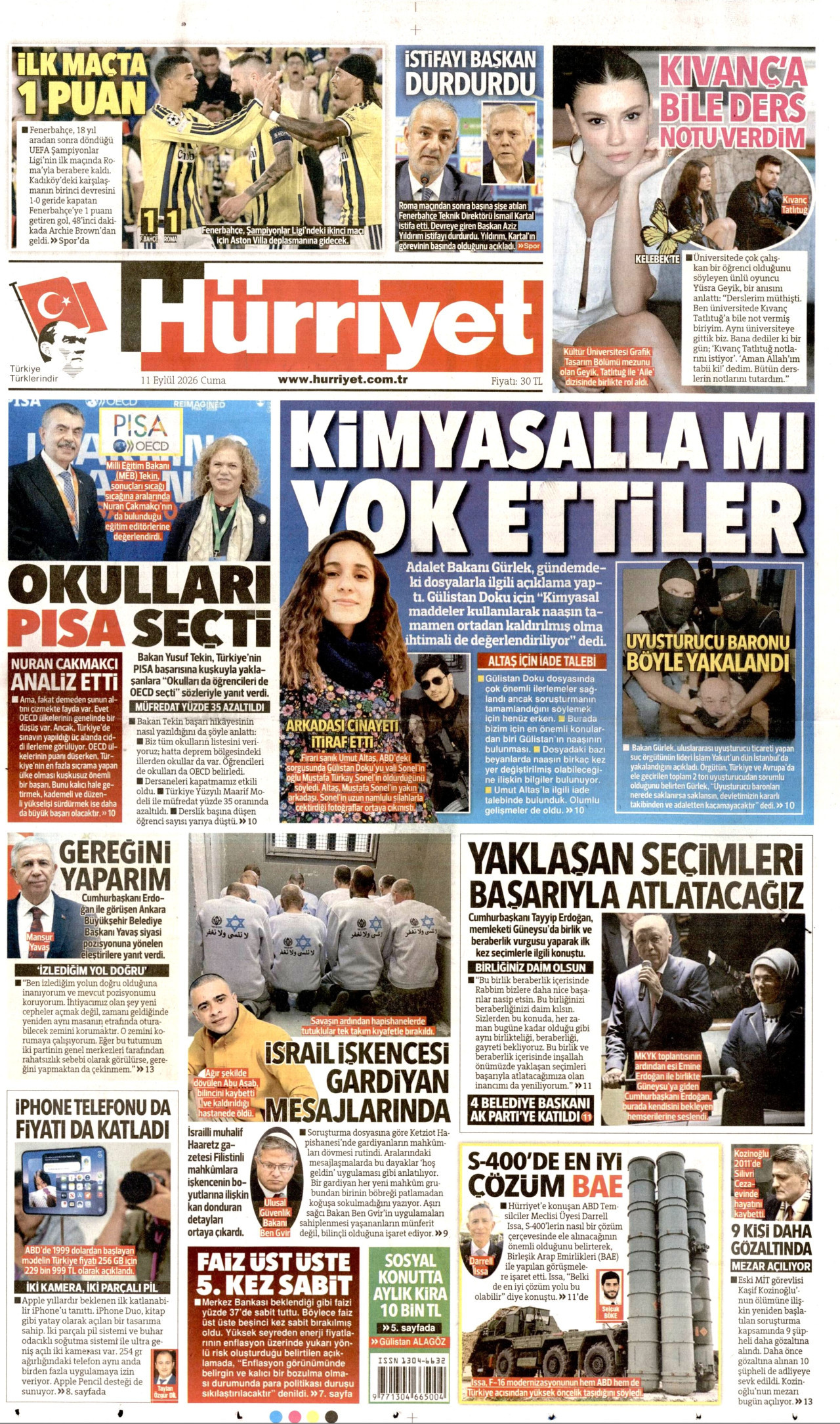 HÜRRİYET gazetesinin 11 Eylül 2026 tarihli birinci sayfası
