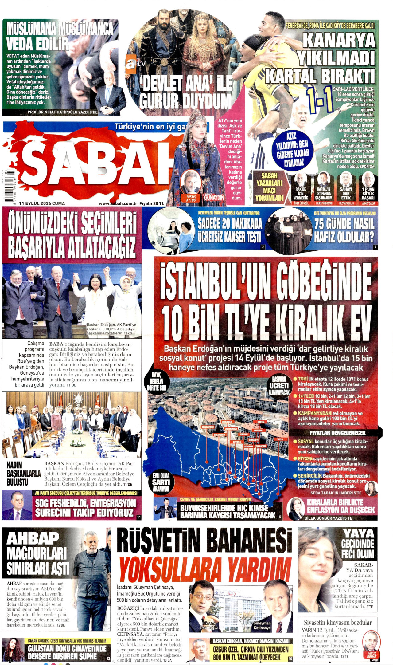 SABAH gazetesinin 11 Eylül 2026 tarihli birinci sayfası