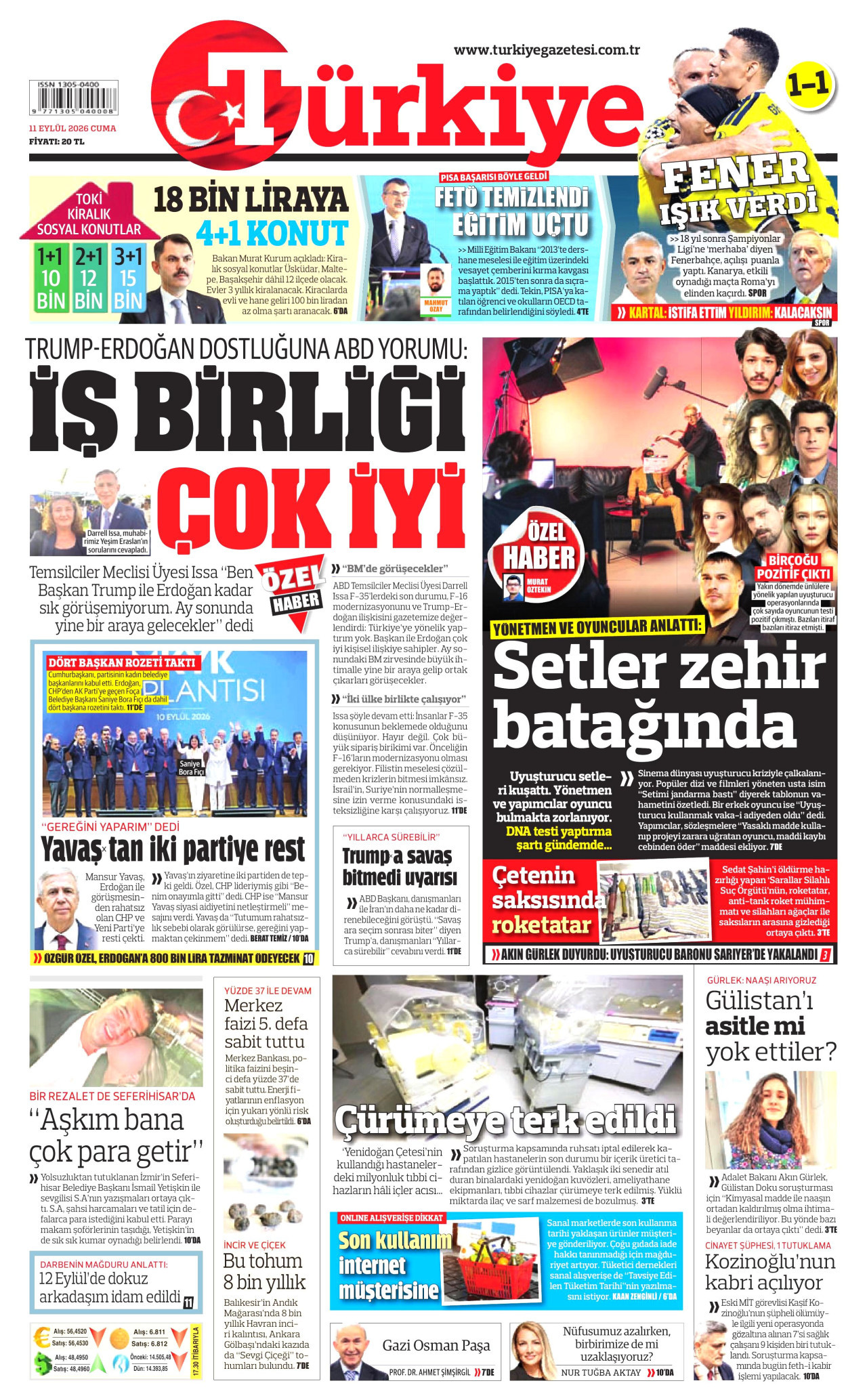 TÜRKİYE GAZETESİ gazetesinin 11 Eylül 2026 tarihli birinci sayfası