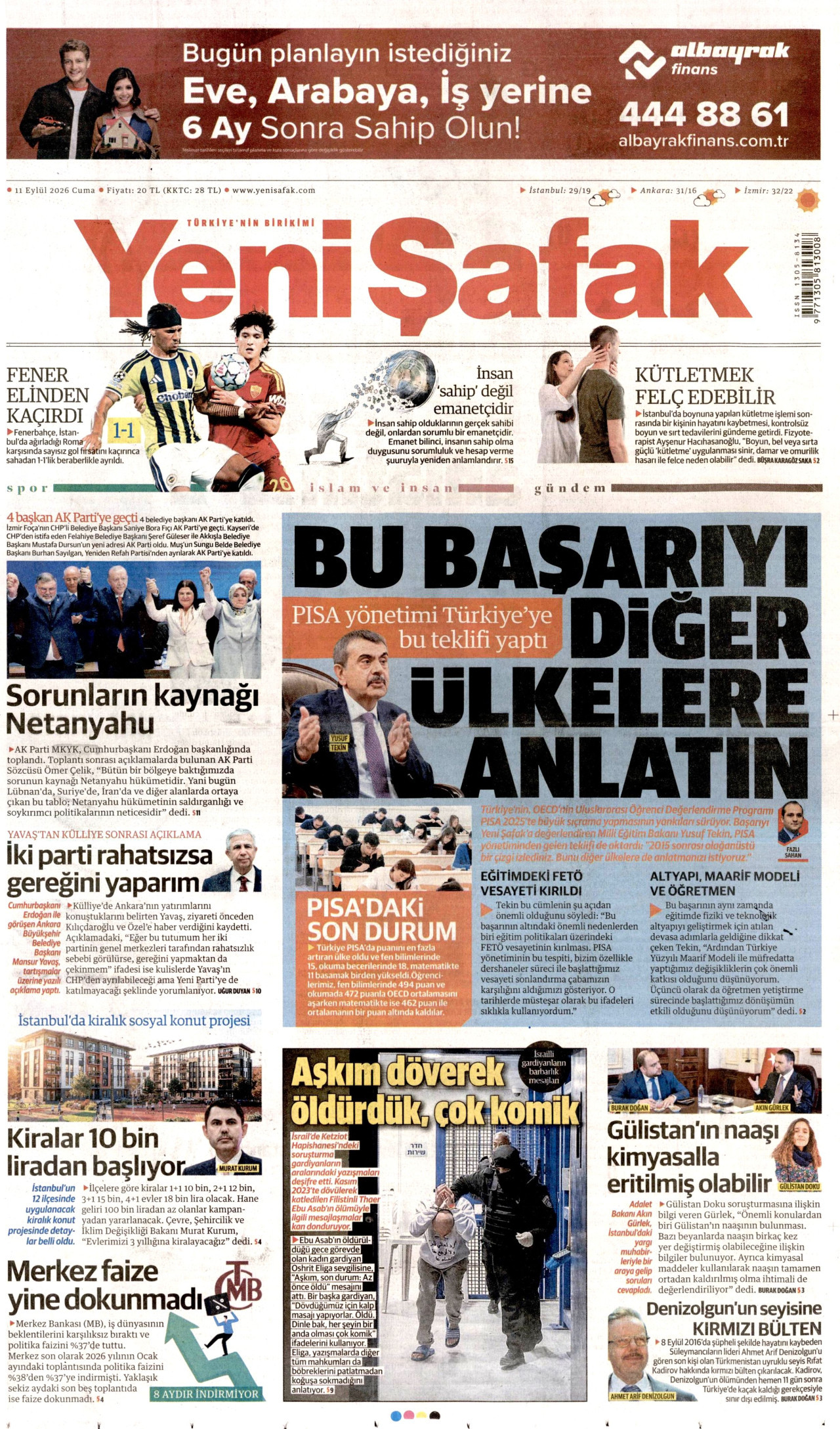 YENİ ŞAFAK gazetesinin 11 Eylül 2026 tarihli birinci sayfası