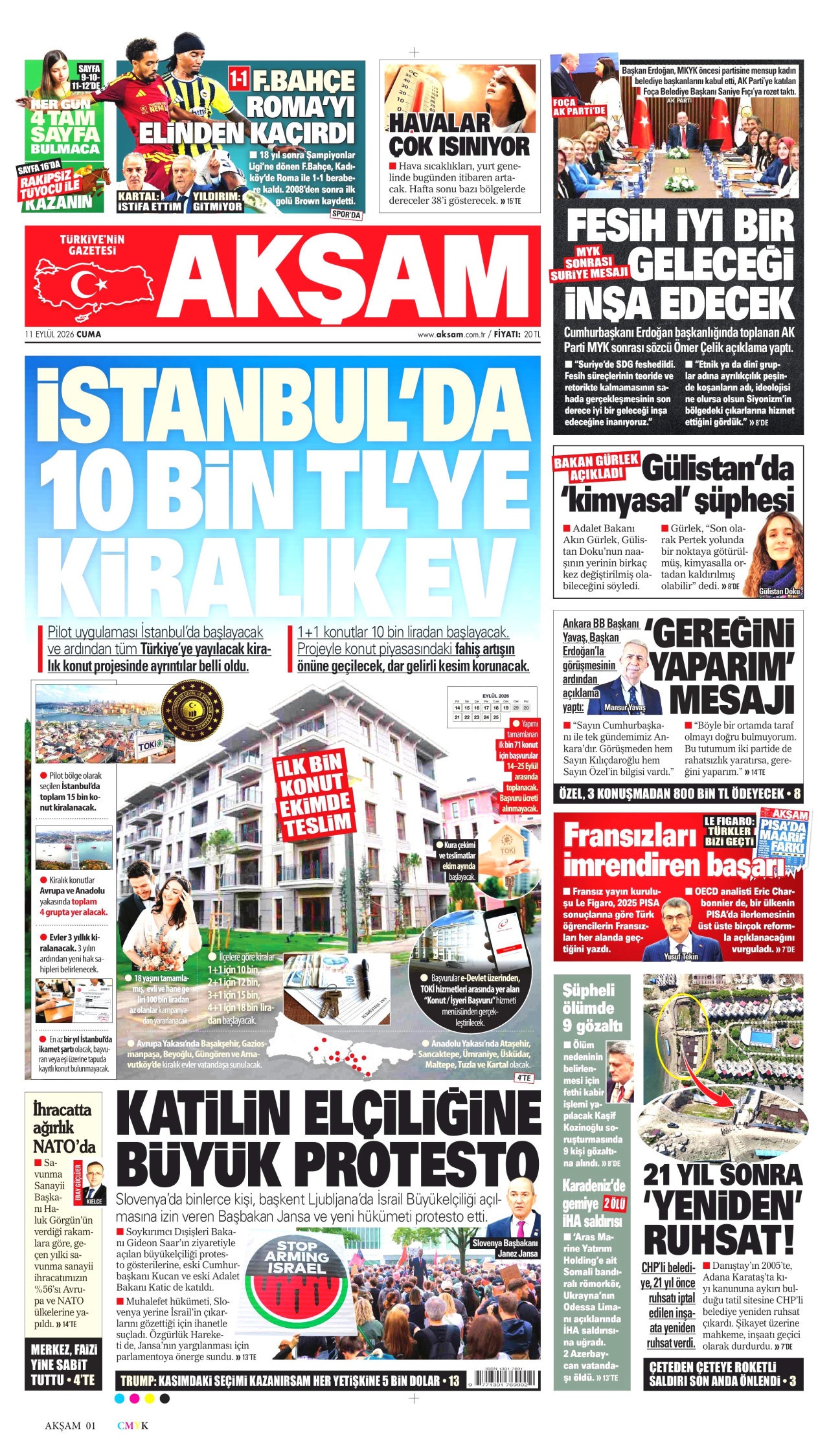 AKŞAM gazetesinin 11 Eylül 2026 tarihli birinci sayfası
