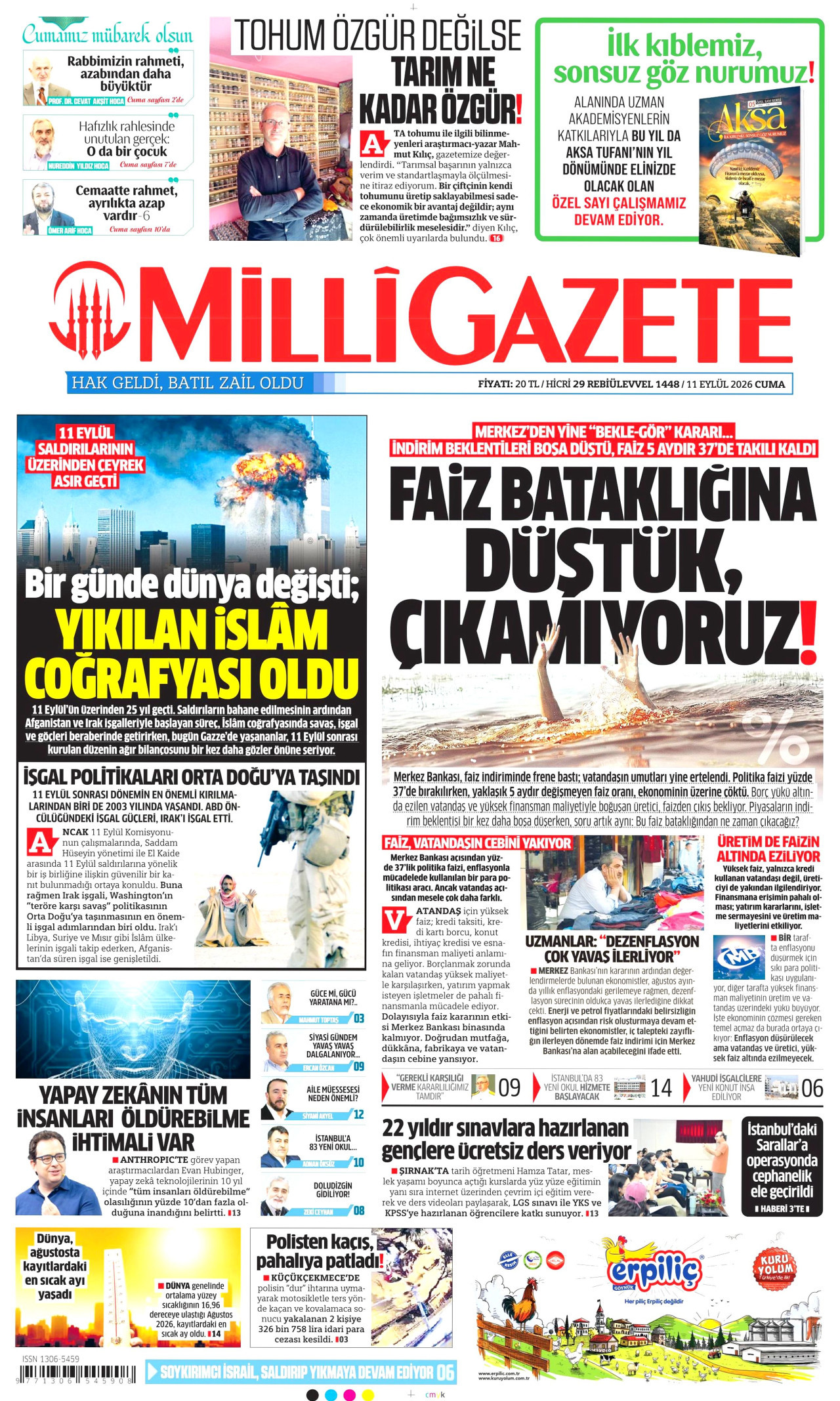 MİLLİ GAZETE gazetesinin 11 Eylül 2026 tarihli birinci sayfası