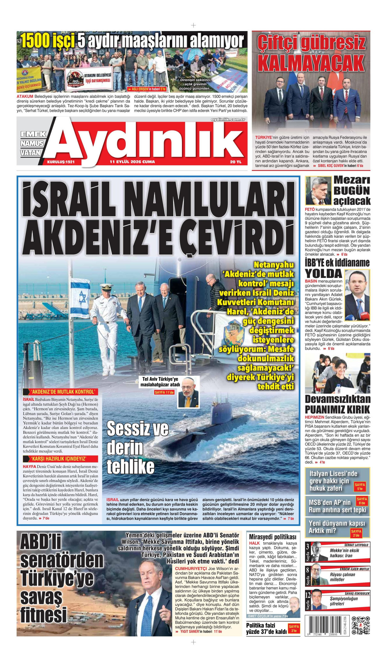 AYDINLIK GAZETESİ gazetesinin 11 Eylül 2026 tarihli birinci sayfası