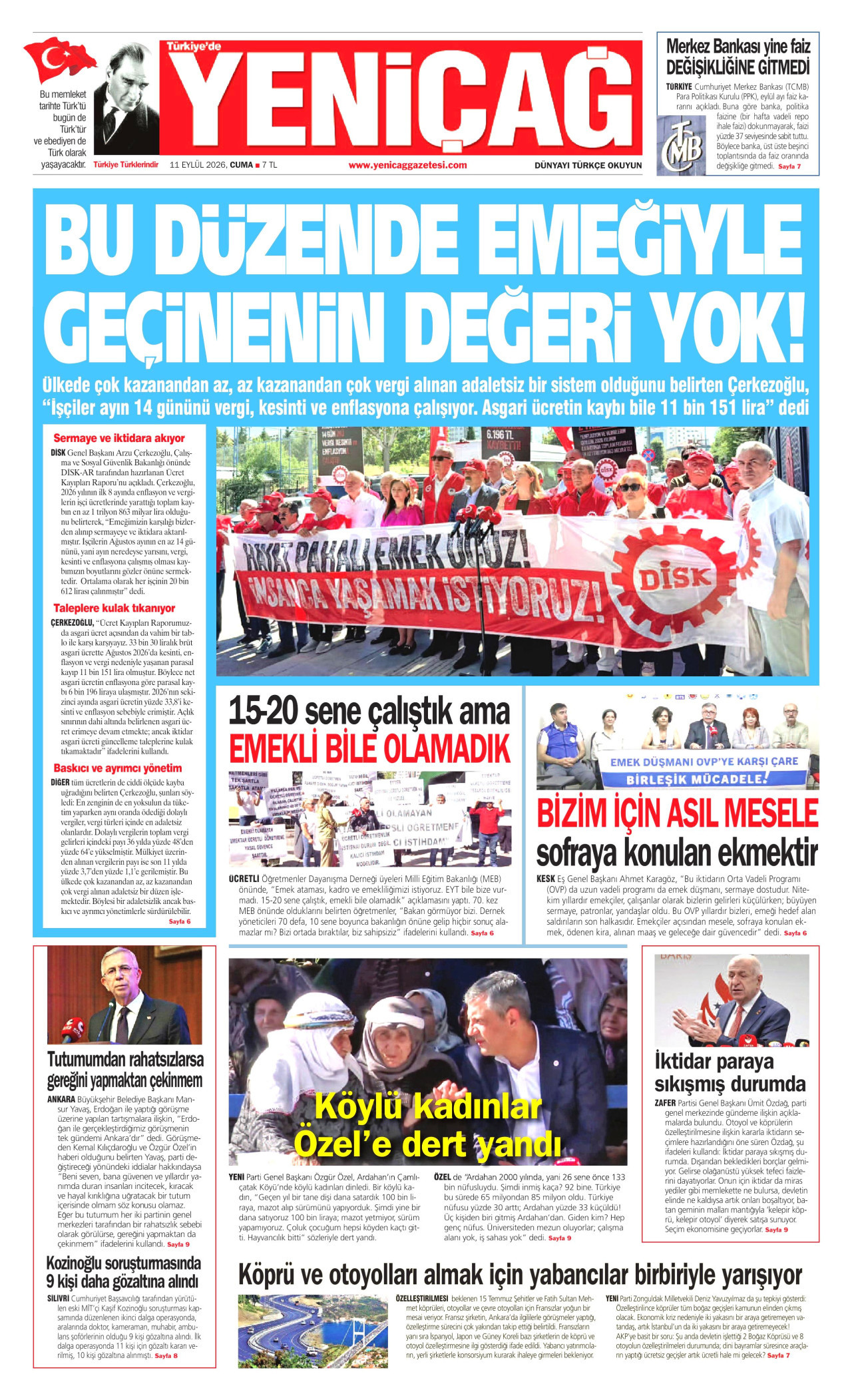 YENİÇAĞ gazetesinin 11 Eylül 2026 tarihli birinci sayfası
