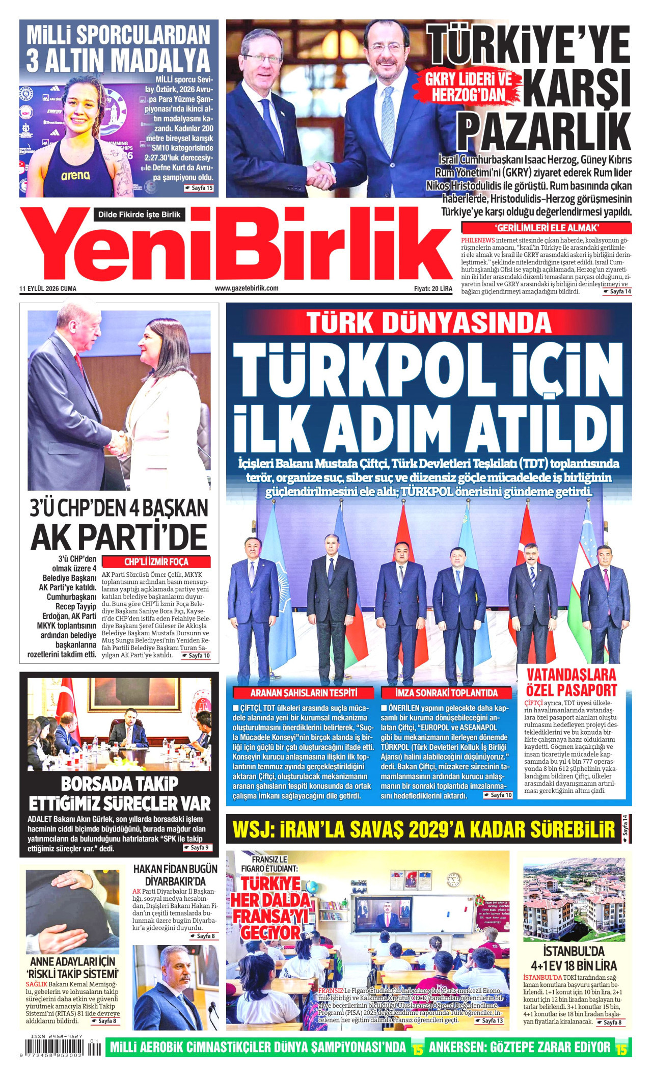 YENİBİRLİK gazetesinin 11 Eylül 2026 tarihli birinci sayfası