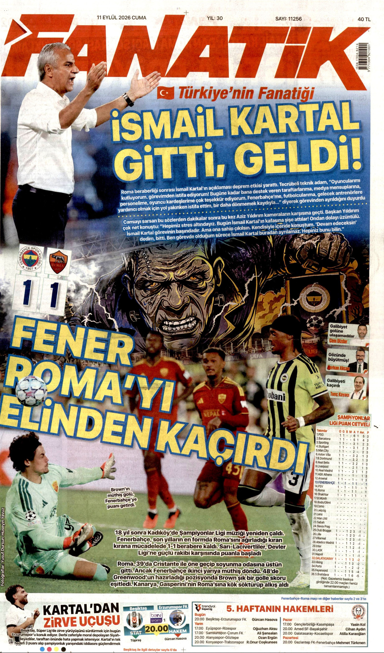 FANATİK gazetesinin 11 Eylül 2026 tarihli birinci sayfası