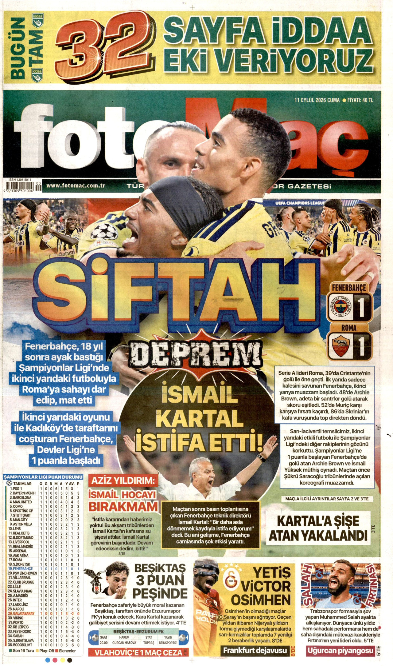 FOTOMAÇ gazetesinin 11 Eylül 2026 tarihli birinci sayfası