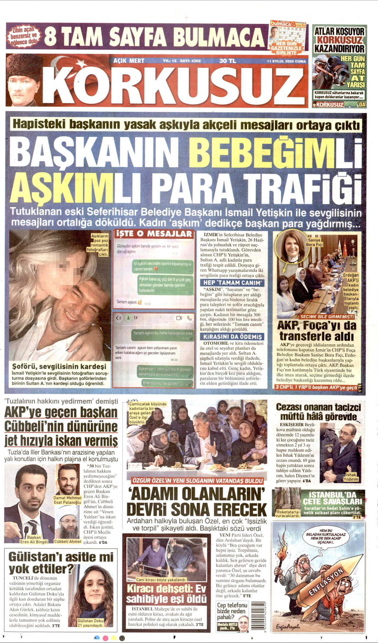 KORKUSUZ gazetesinin 11 Eylül 2026 tarihli birinci sayfası