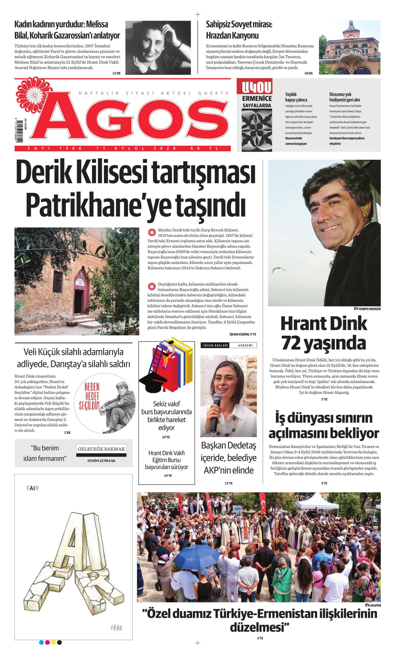 AGOS gazetesinin 11 Eylül 2026 tarihli birinci sayfası