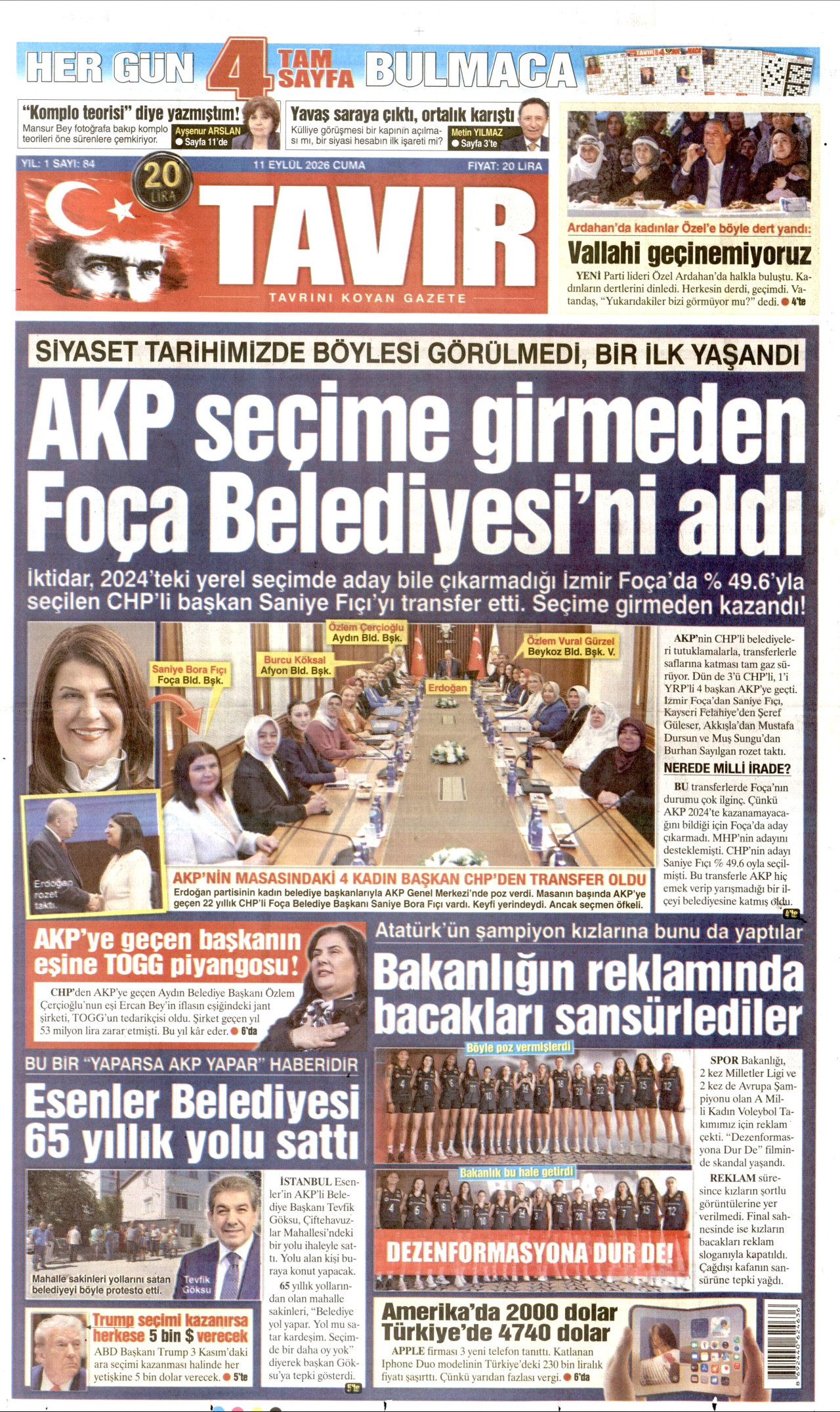 TAVIR GAZETESİ gazetesinin 11 Eylül 2026 tarihli birinci sayfası