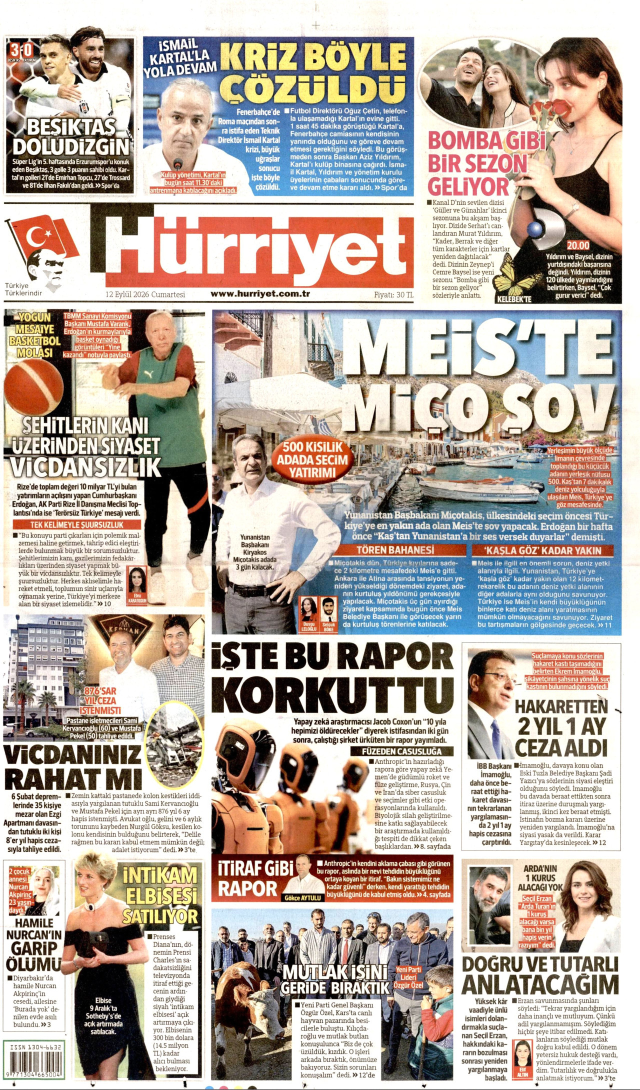 HÜRRİYET gazetesinin 12 Eylül 2026 tarihli birinci sayfası