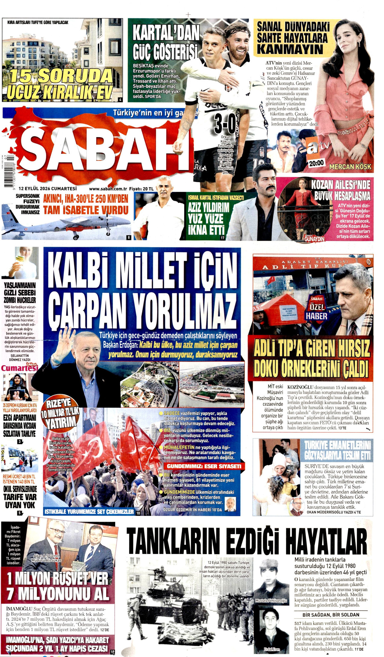 SABAH gazetesinin 12 Eylül 2026 tarihli birinci sayfası