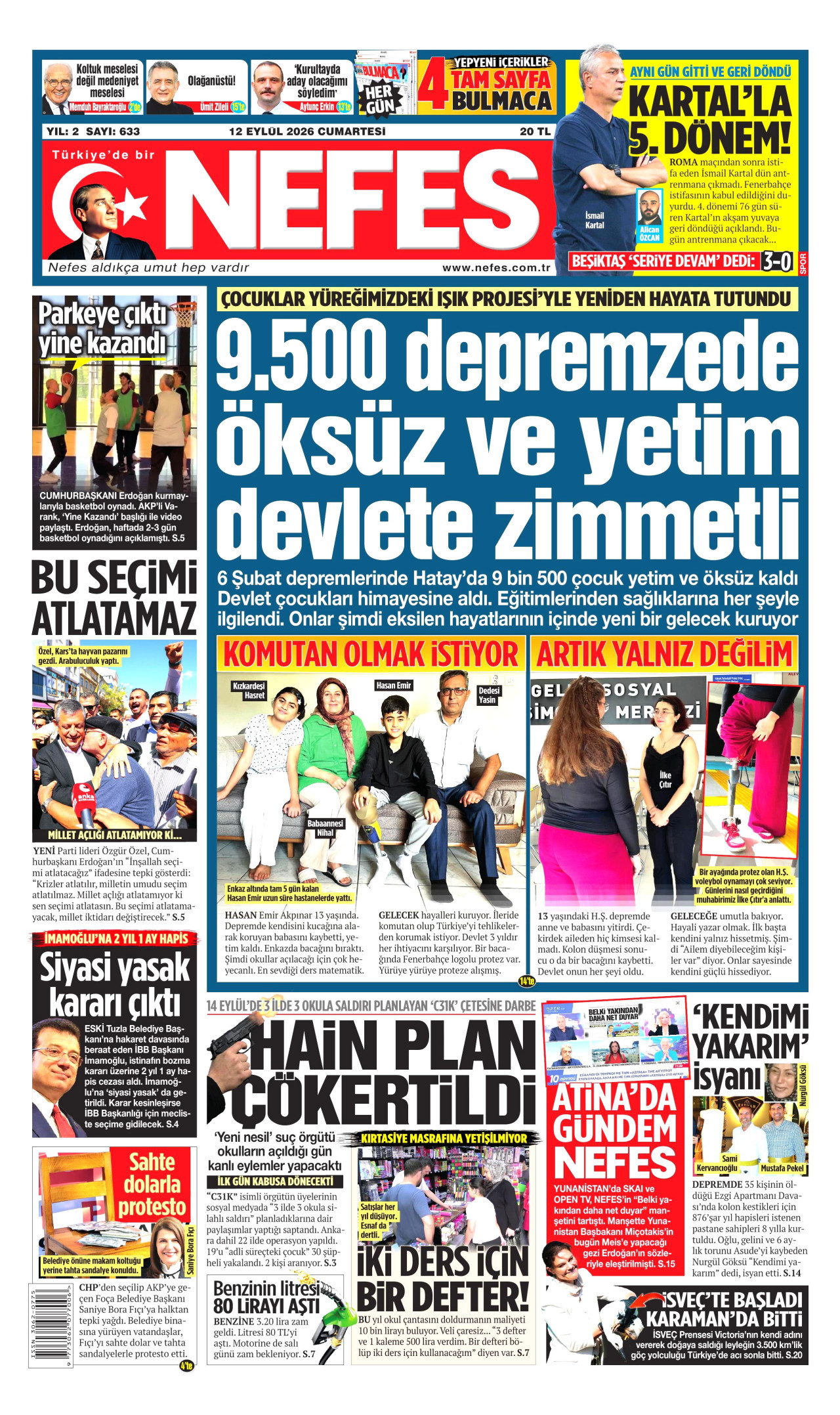 NEFES gazetesinin 12 Eylül 2026 tarihli birinci sayfası