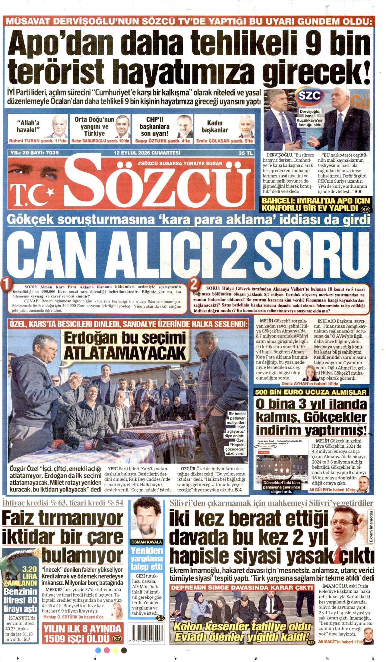 SÖZCÜ gazetesinin 12 Eylül 2026 tarihli birinci sayfası