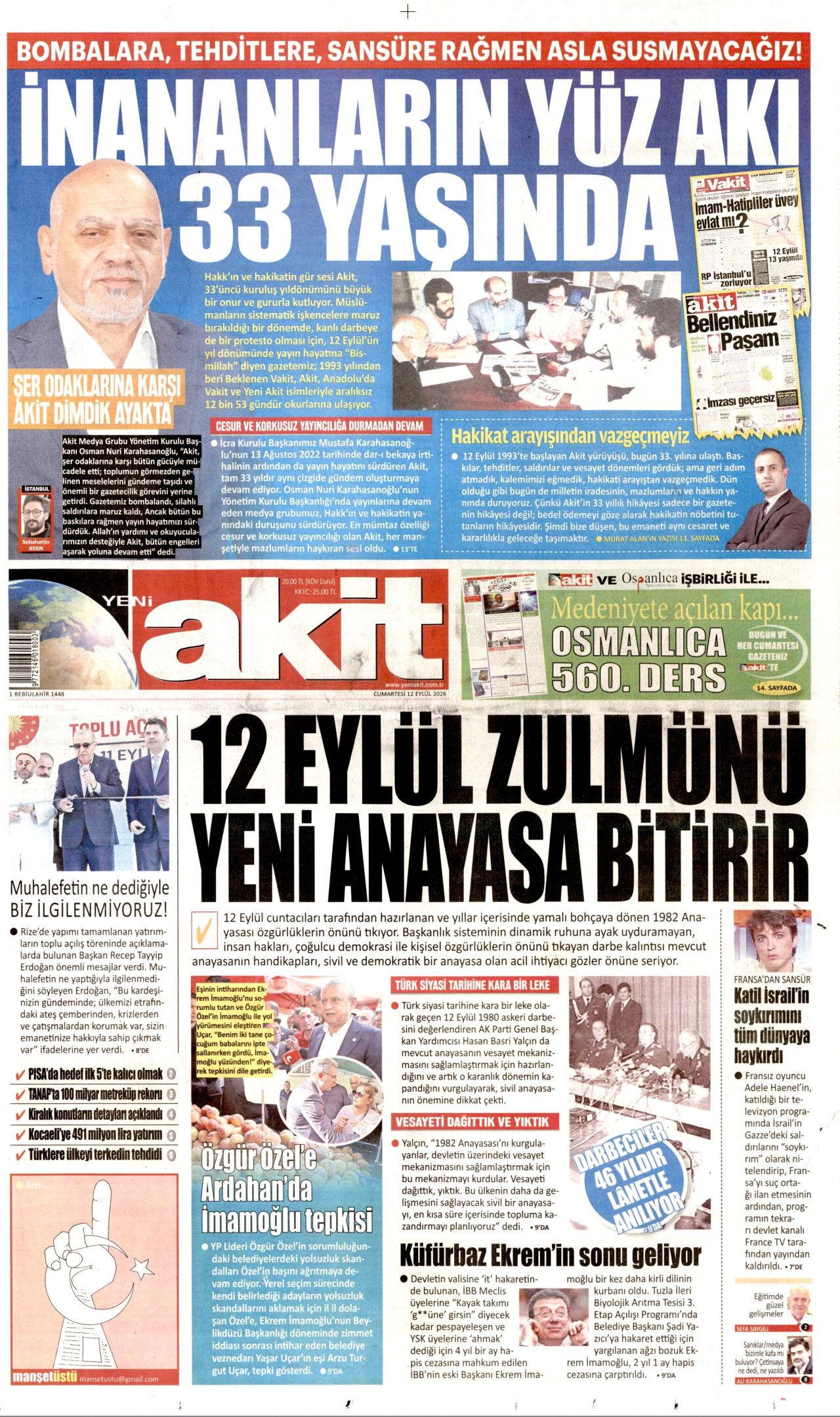 YENİ AKİT gazetesinin 12 Eylül 2026 tarihli birinci sayfası