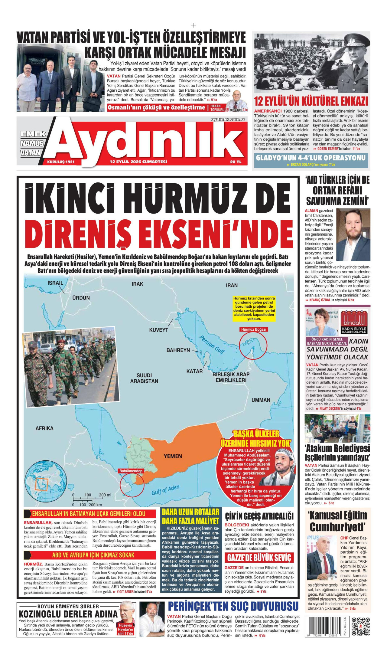 AYDINLIK GAZETESİ gazetesinin 12 Eylül 2026 tarihli birinci sayfası