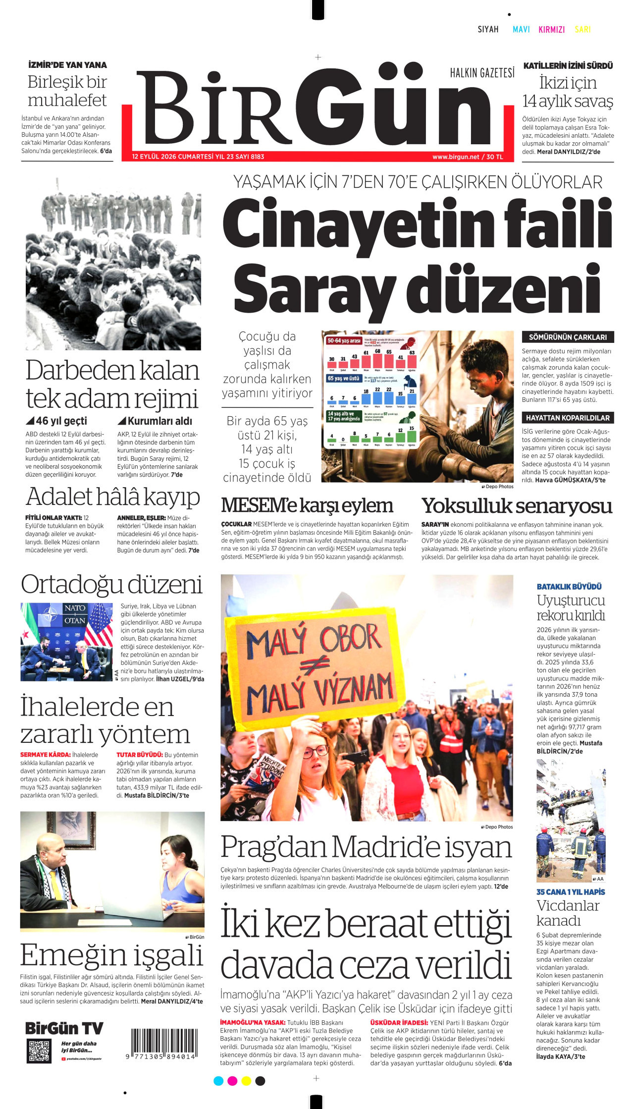 BİRGÜN gazetesinin 12 Eylül 2026 tarihli birinci sayfası
