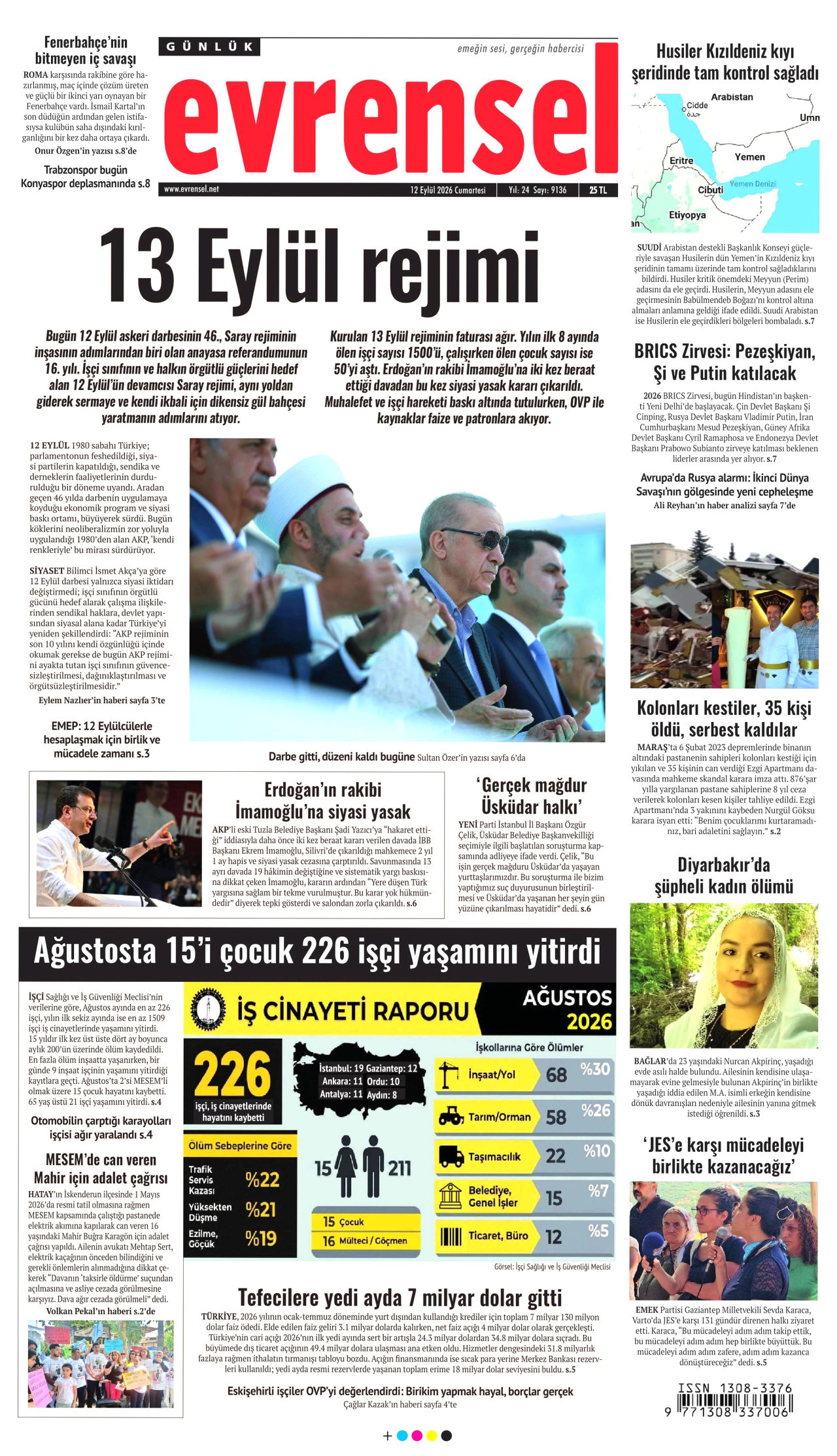 EVRENSEL gazetesinin 12 Eylül 2026 tarihli birinci sayfası