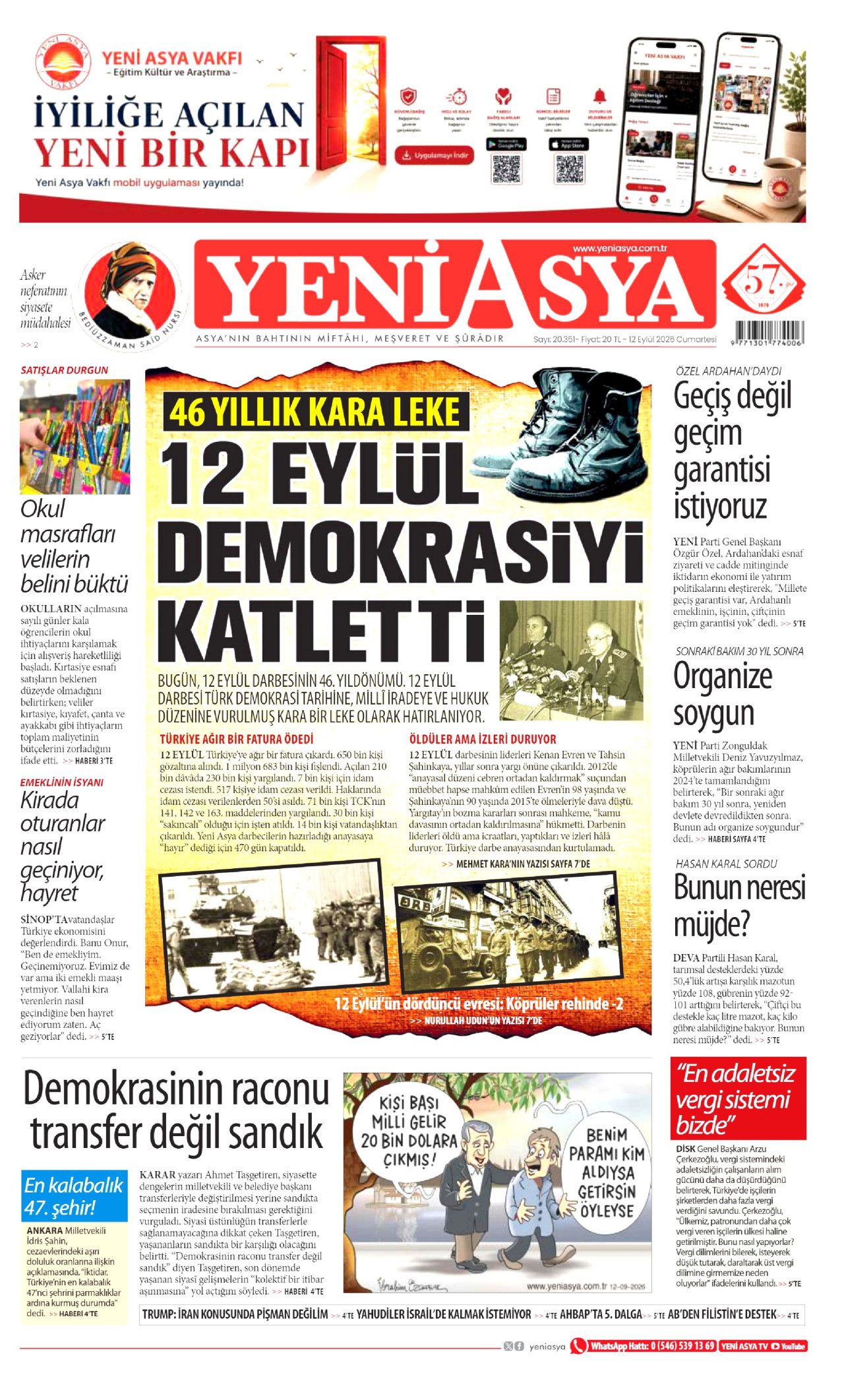 YENİ ASYA gazetesinin 12 Eylül 2026 tarihli birinci sayfası