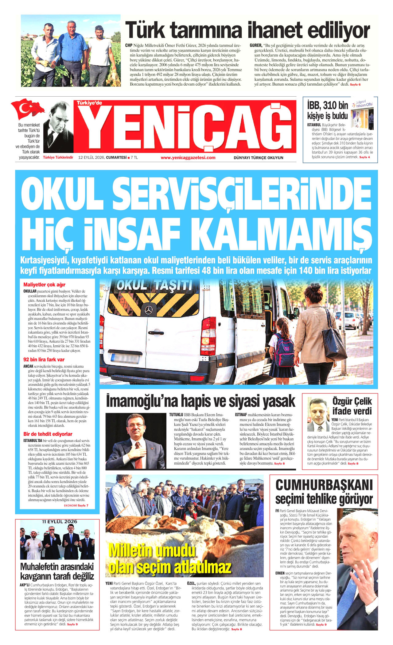 YENİÇAĞ gazetesinin 12 Eylül 2026 tarihli birinci sayfası