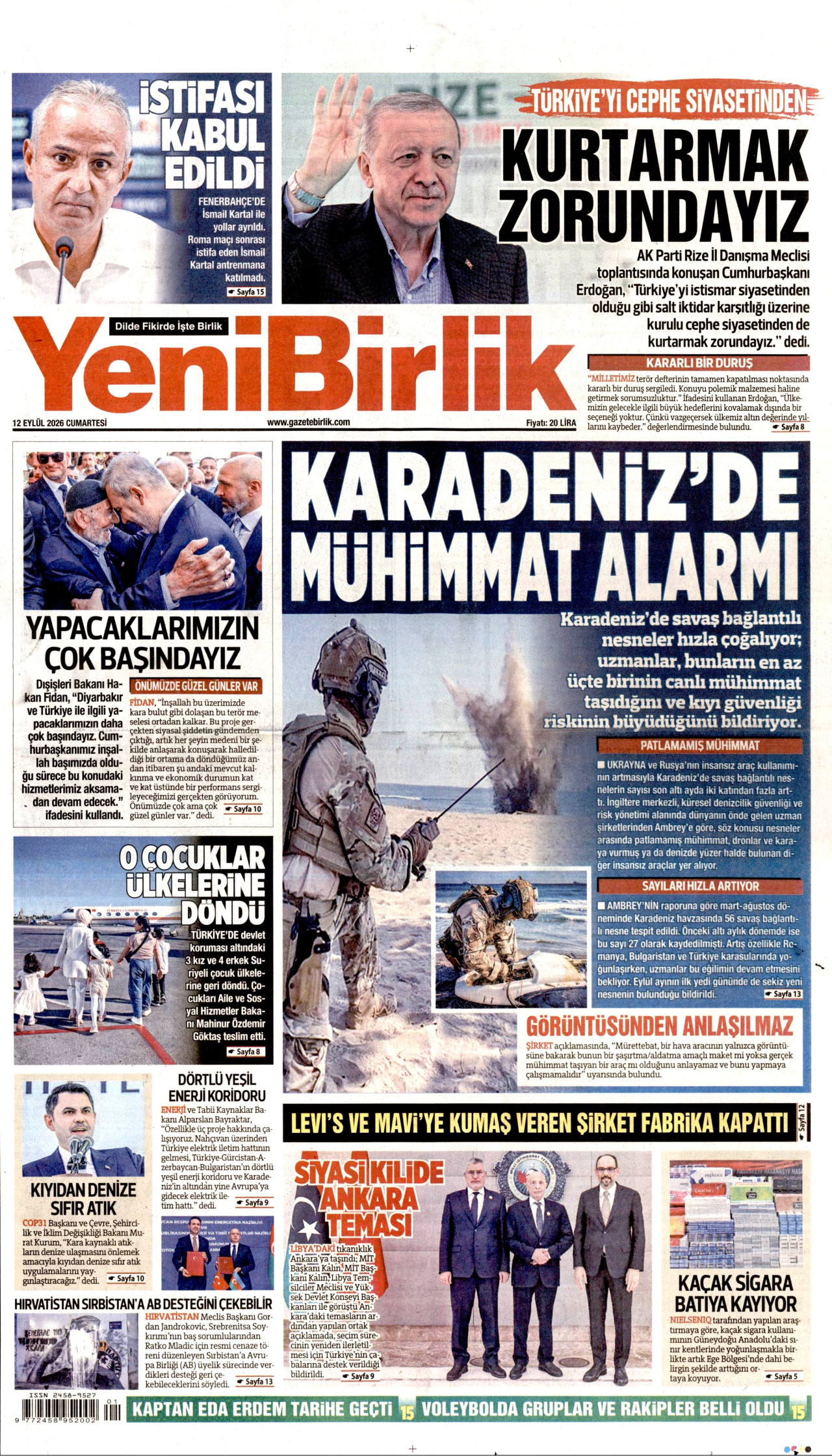 YENİBİRLİK gazetesinin 12 Eylül 2026 tarihli birinci sayfası