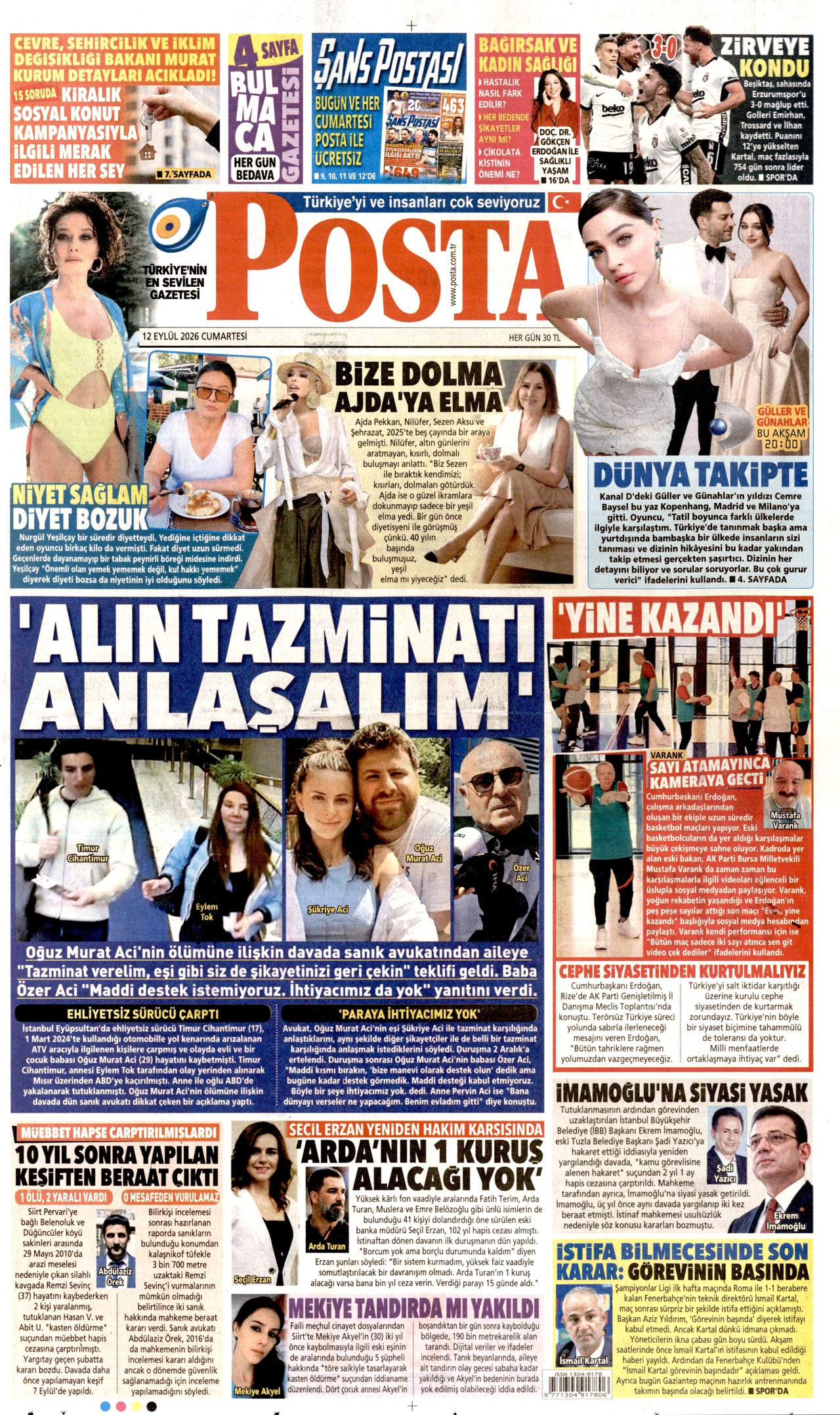 POSTA gazetesinin 12 Eylül 2026 tarihli birinci sayfası