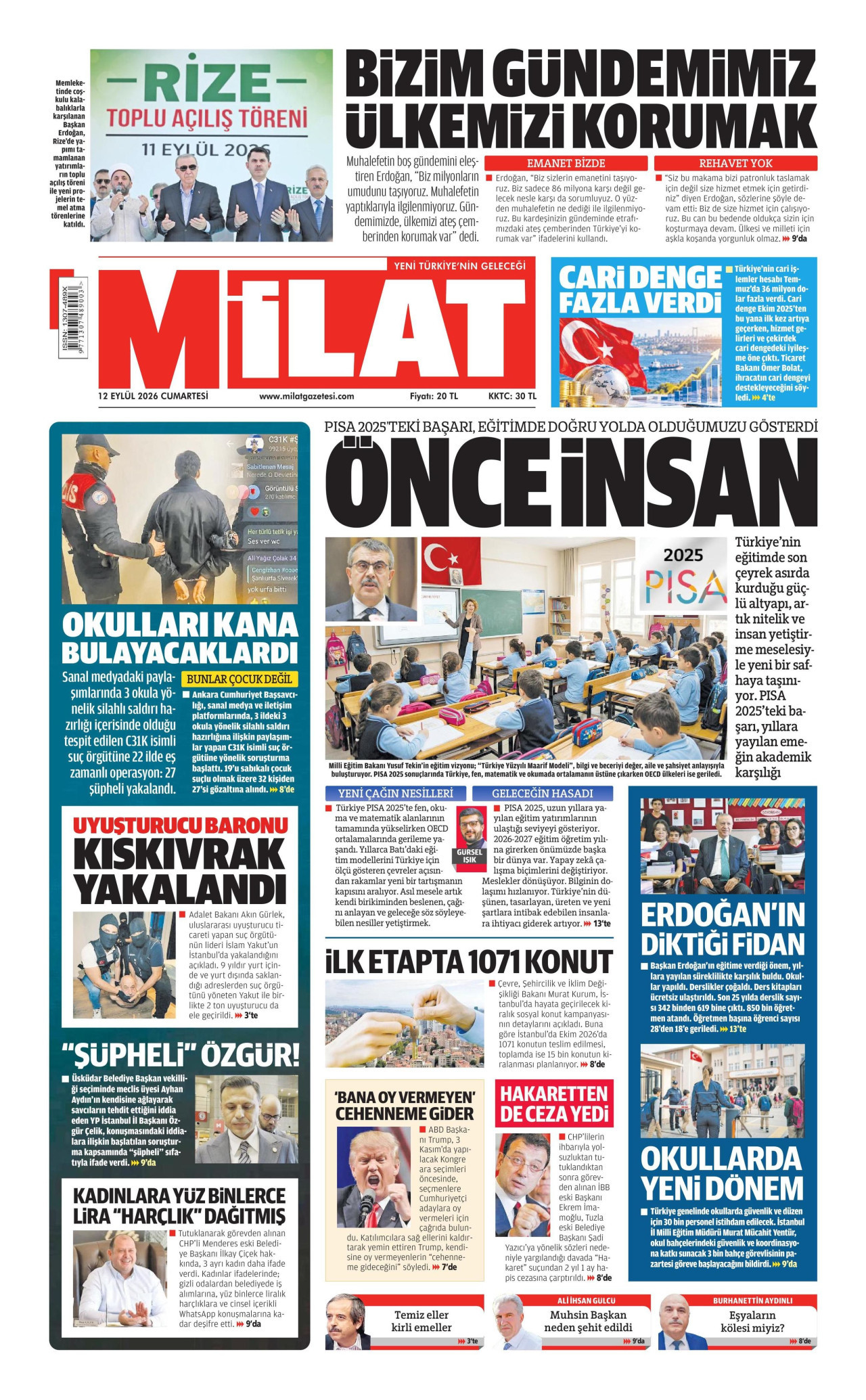 MİLAT gazetesinin 12 Eylül 2026 tarihli birinci sayfası