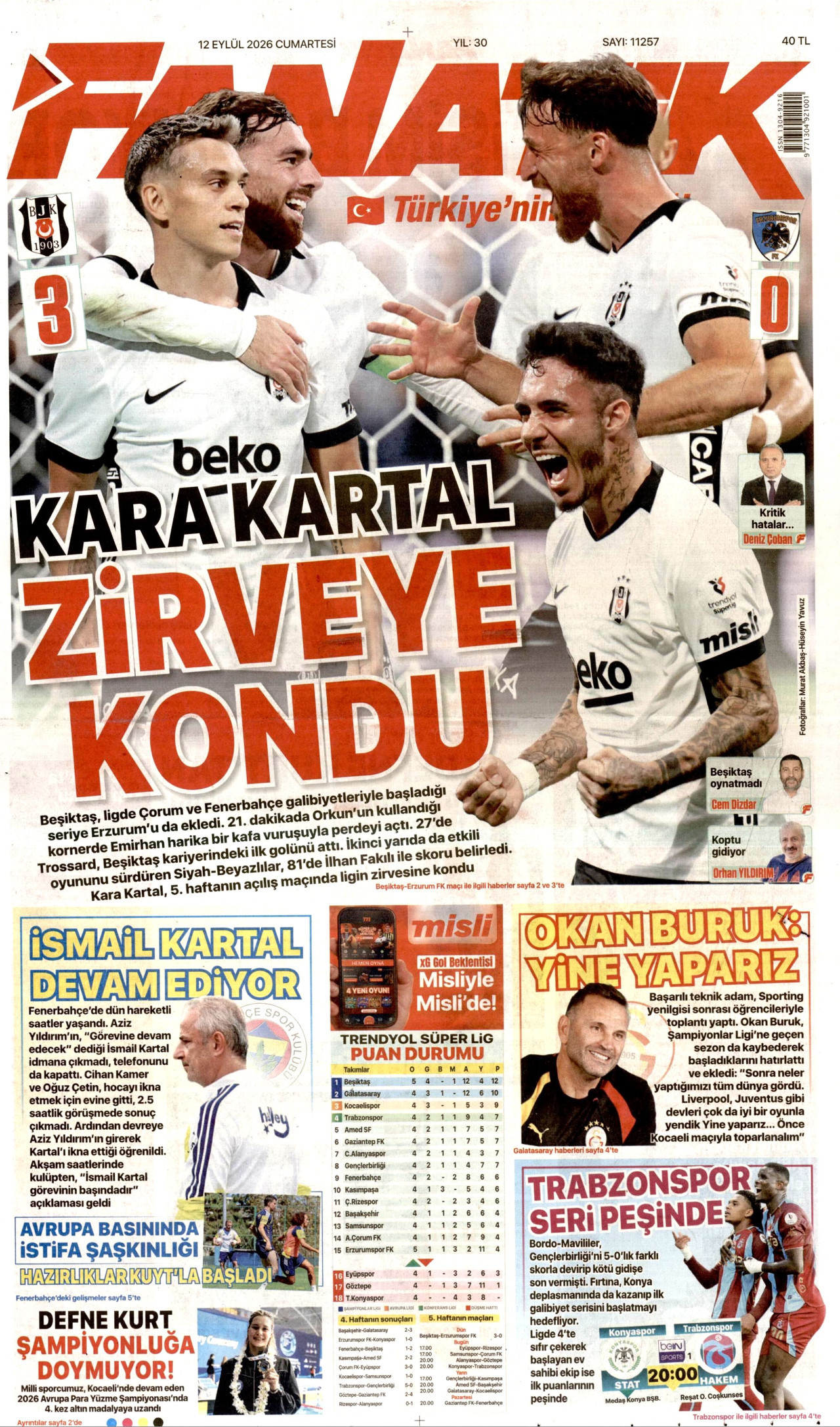 FANATİK gazetesinin 12 Eylül 2026 tarihli birinci sayfası