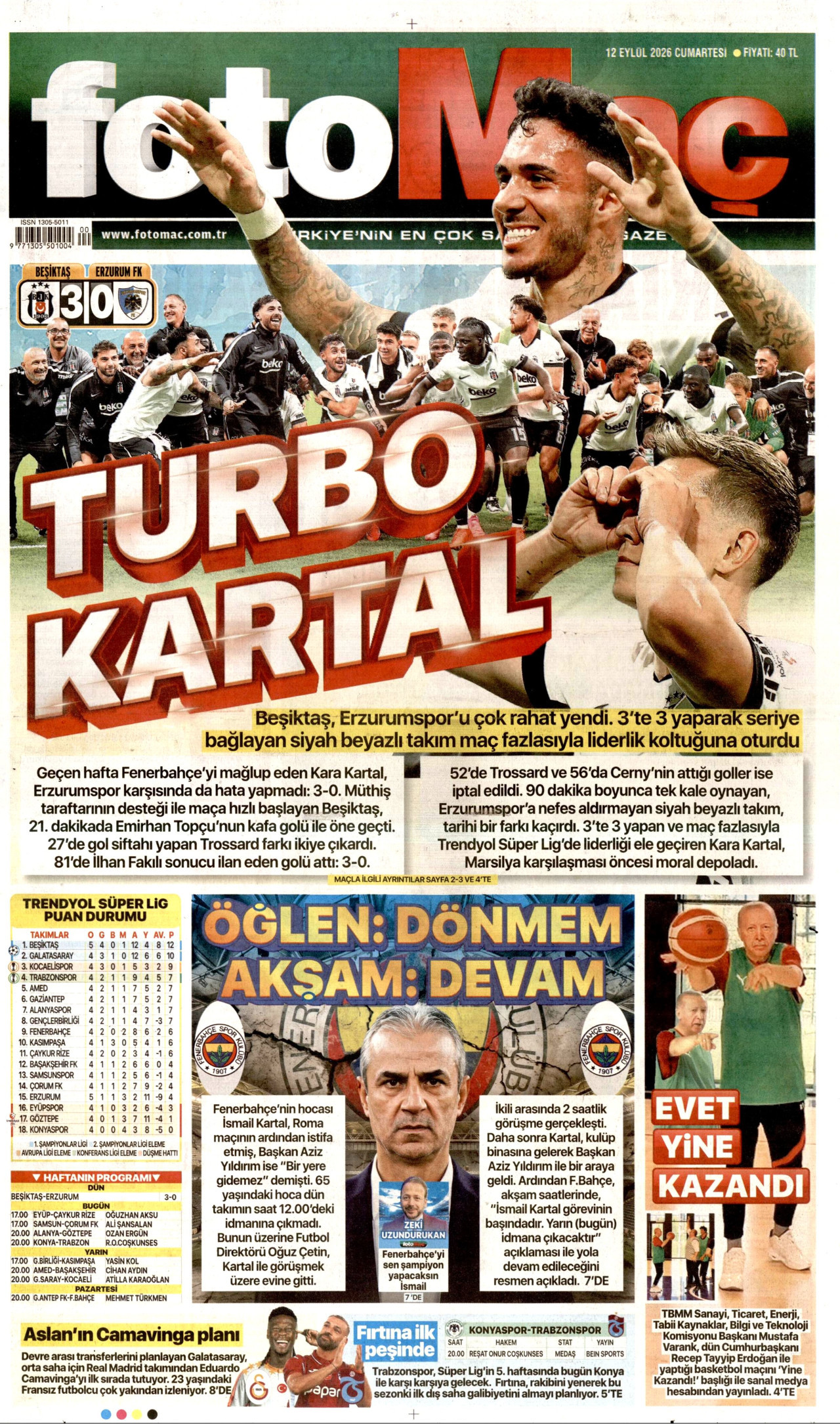 FOTOMAÇ gazetesinin 12 Eylül 2026 tarihli birinci sayfası